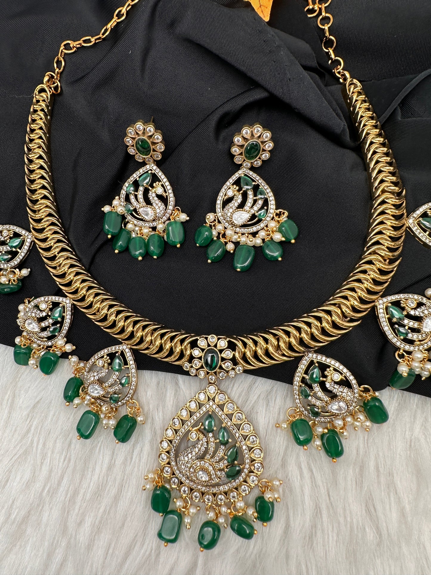CZ Moissanite Peacock Mehendi Finish Jalebi Color Stone Necklace - Green