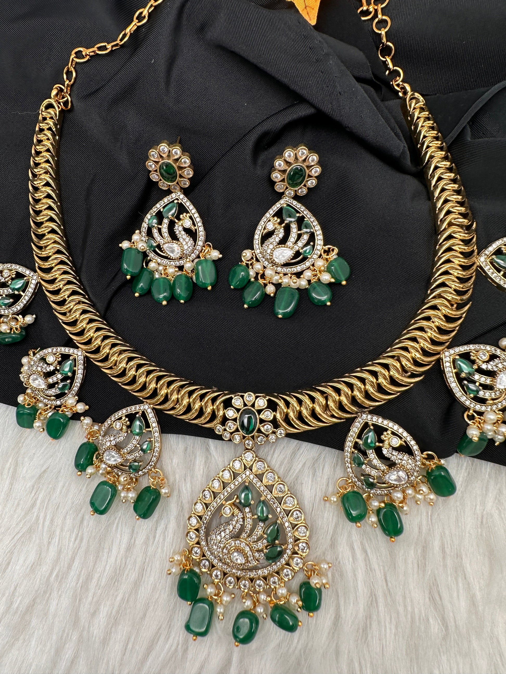 CZ Moissanite Peacock Mehendi Finish Jalebi Color Stone Necklace - Green