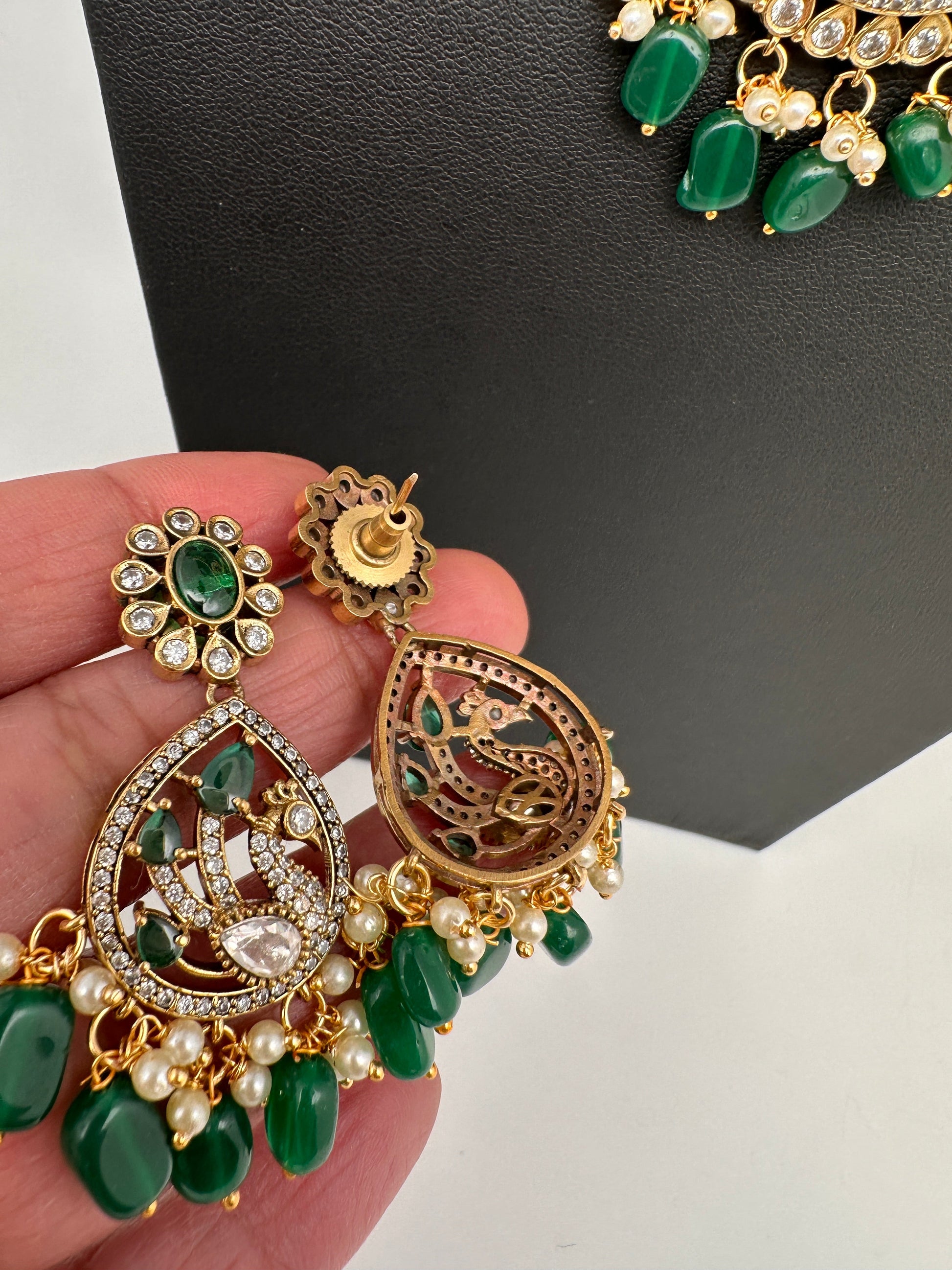 CZ Moissanite Peacock Mehendi Finish Jalebi Color Stone Necklace - Green