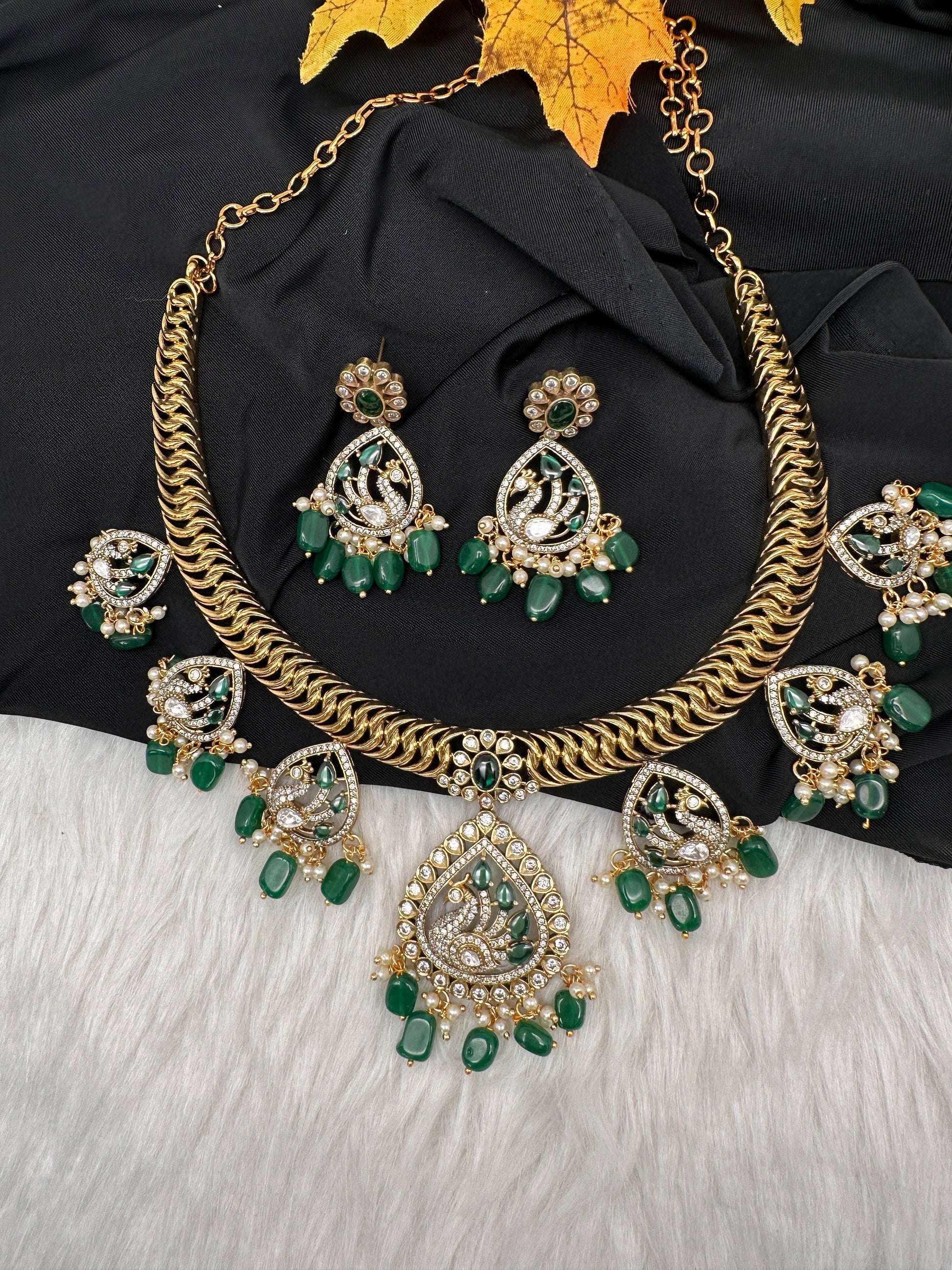 CZ Moissanite Peacock Mehendi Finish Jalebi Color Stone Necklace - Green