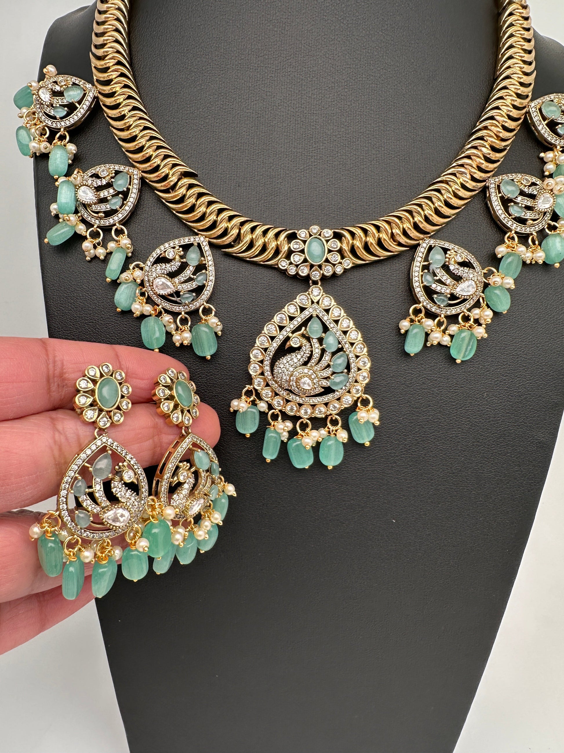 CZ Moissanite Peacock Mehendi Finish Jalebi Color Stone Necklace - MintGreen