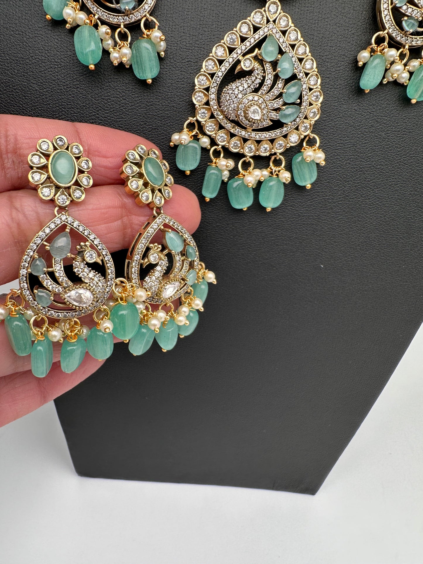 CZ Moissanite Peacock Mehendi Finish Jalebi Color Stone Necklace - MintGreen