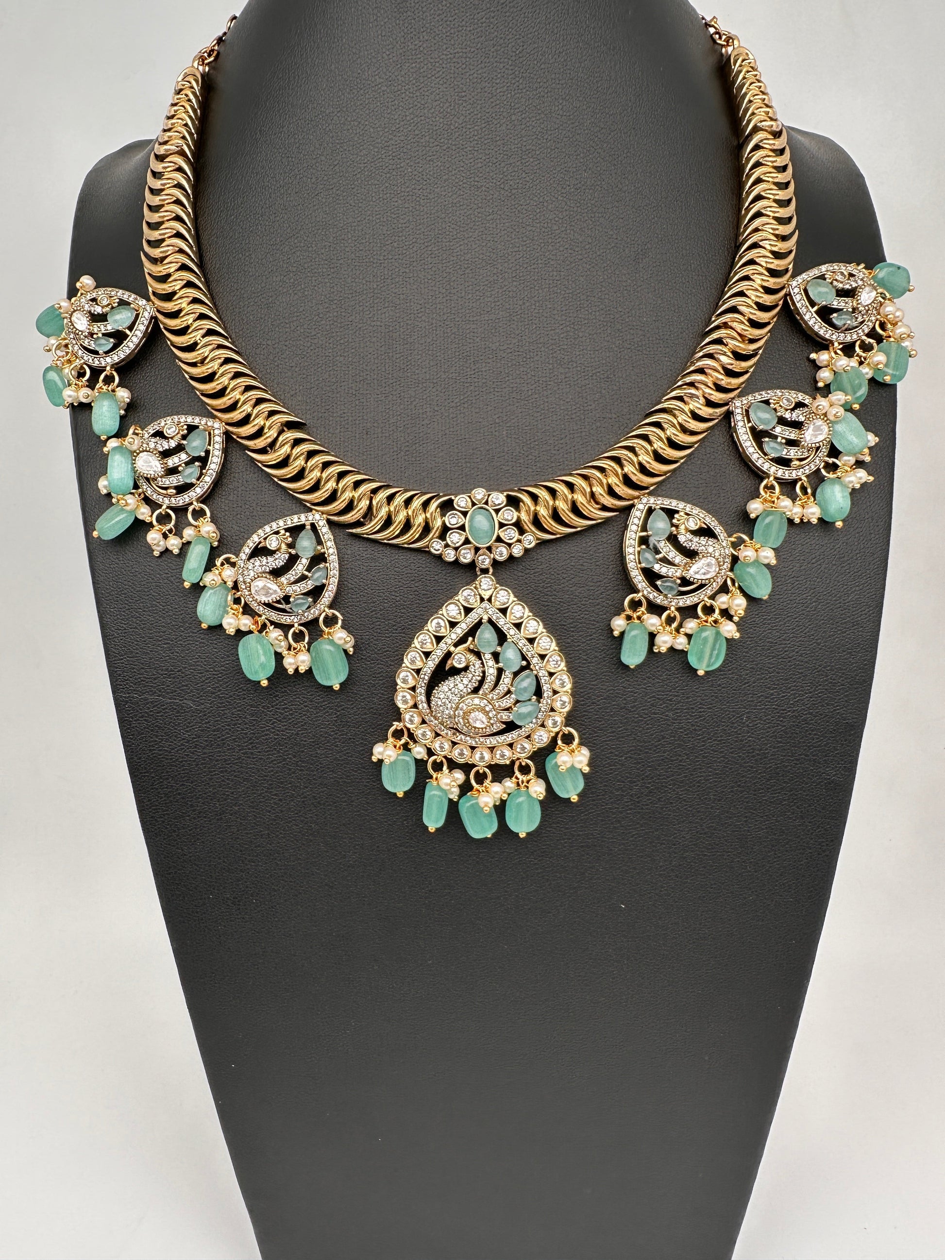 CZ Moissanite Peacock Mehendi Finish Jalebi Color Stone Necklace - MintGreen