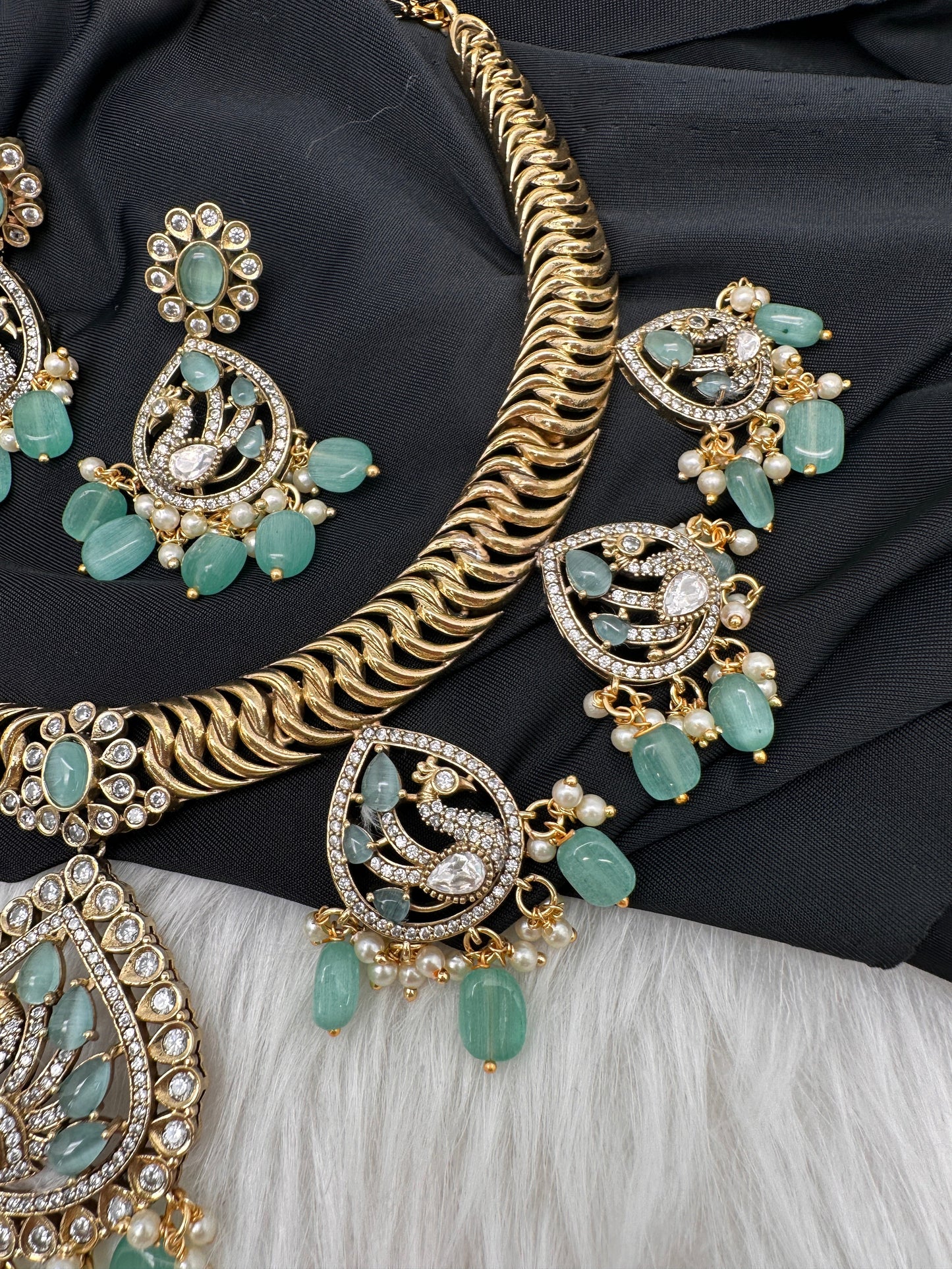 CZ Moissanite Peacock Mehendi Finish Jalebi Color Stone Necklace - MintGreen