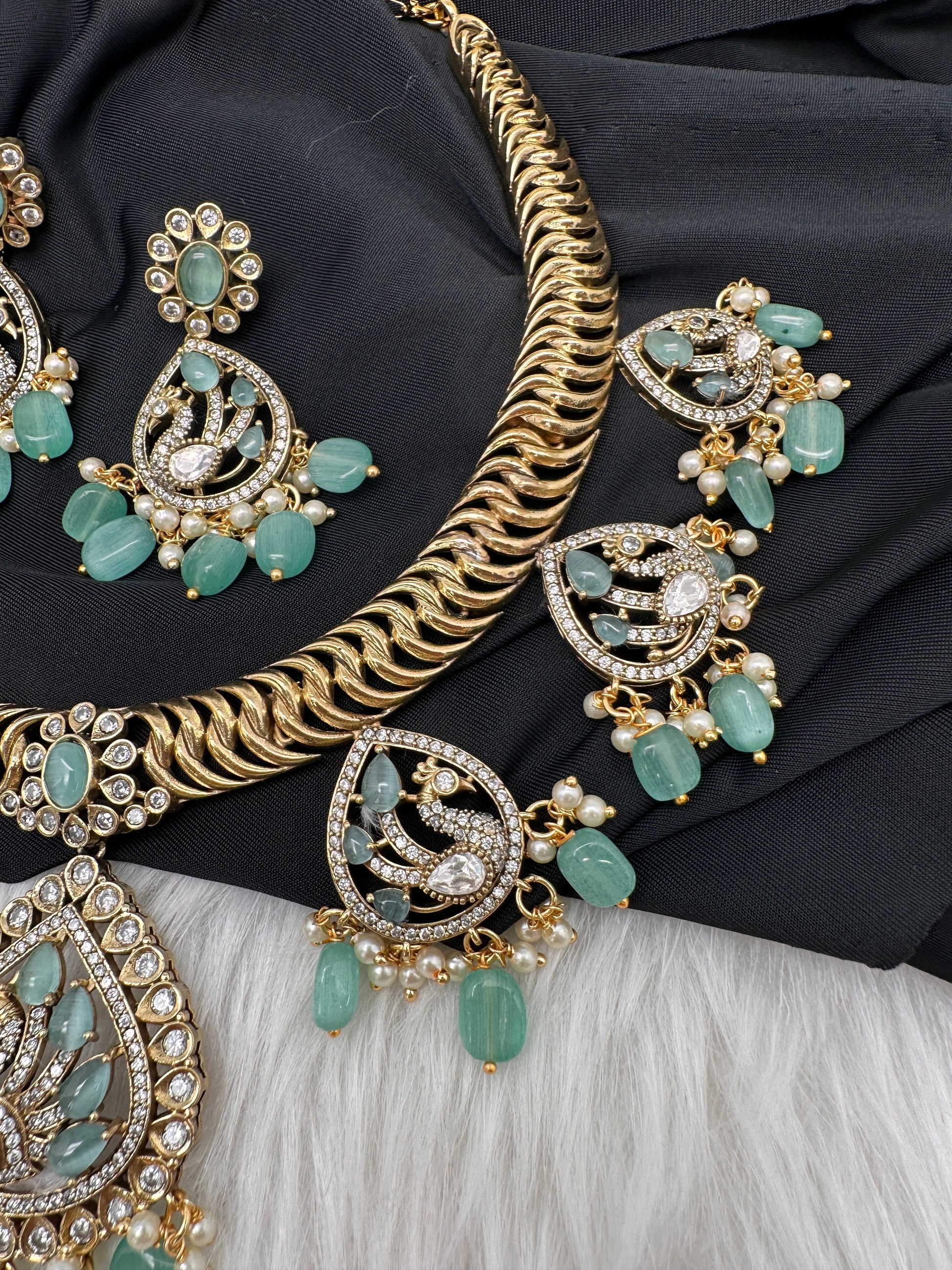 CZ Moissanite Peacock Mehendi Finish Jalebi Color Stone Necklace - MintGreen