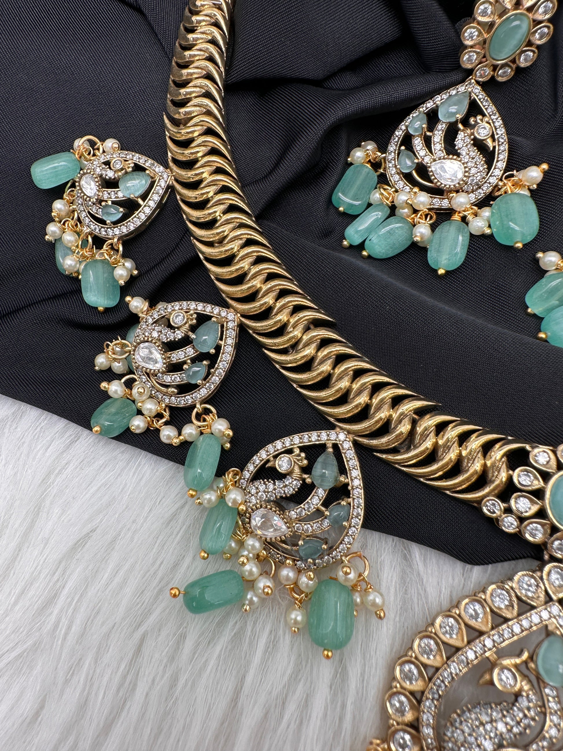CZ Moissanite Peacock Mehendi Finish Jalebi Color Stone Necklace - MintGreen