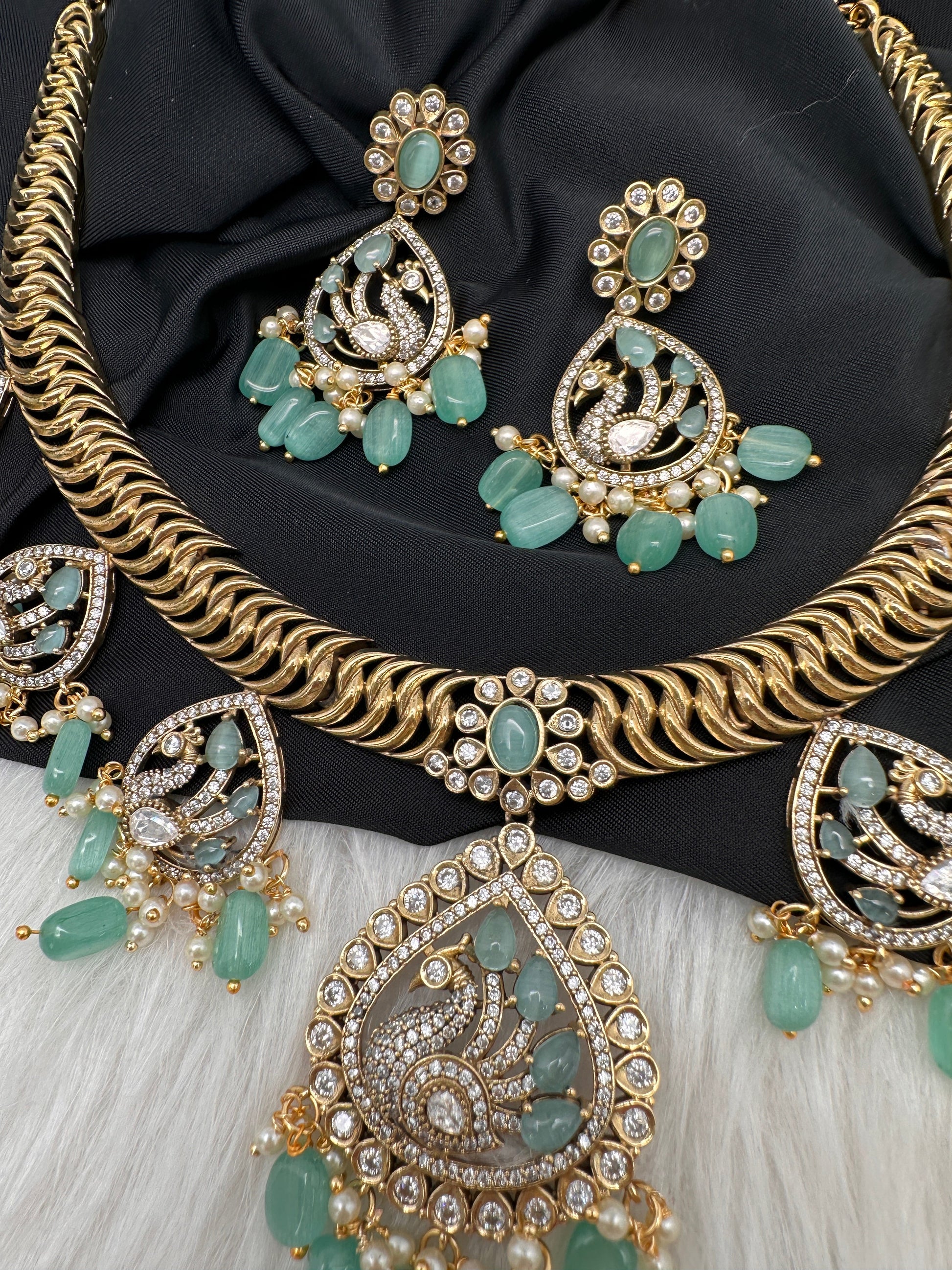 CZ Moissanite Peacock Mehendi Finish Jalebi Color Stone Necklace - MintGreen