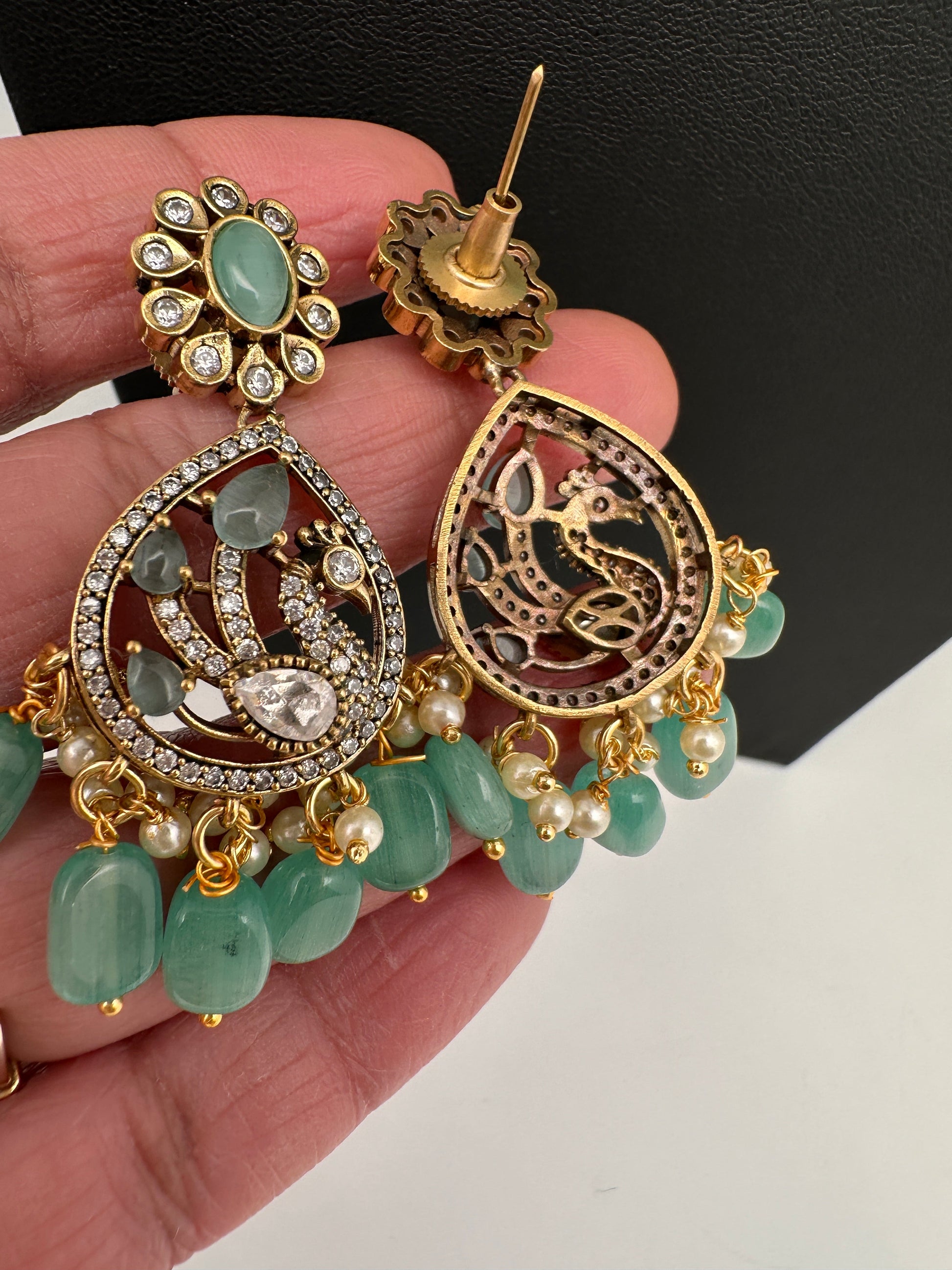 CZ Moissanite Peacock Mehendi Finish Jalebi Color Stone Necklace - MintGreen
