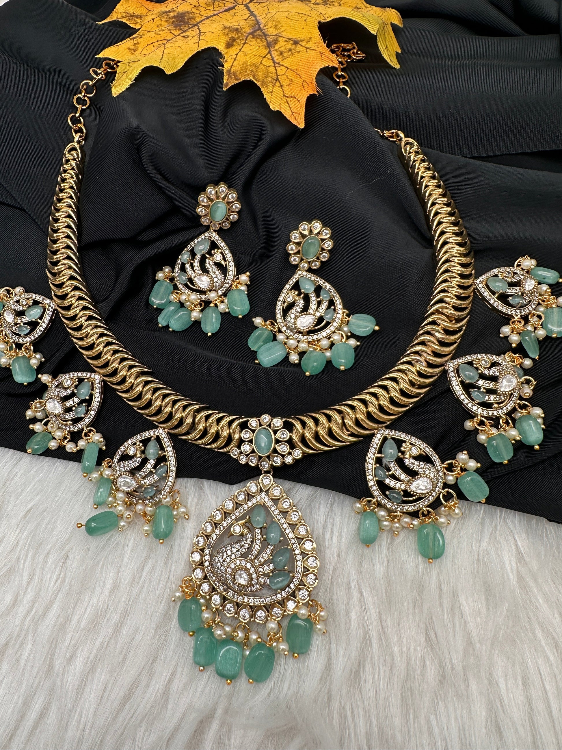 CZ Moissanite Peacock Mehendi Finish Jalebi Color Stone Necklace - MintGreen