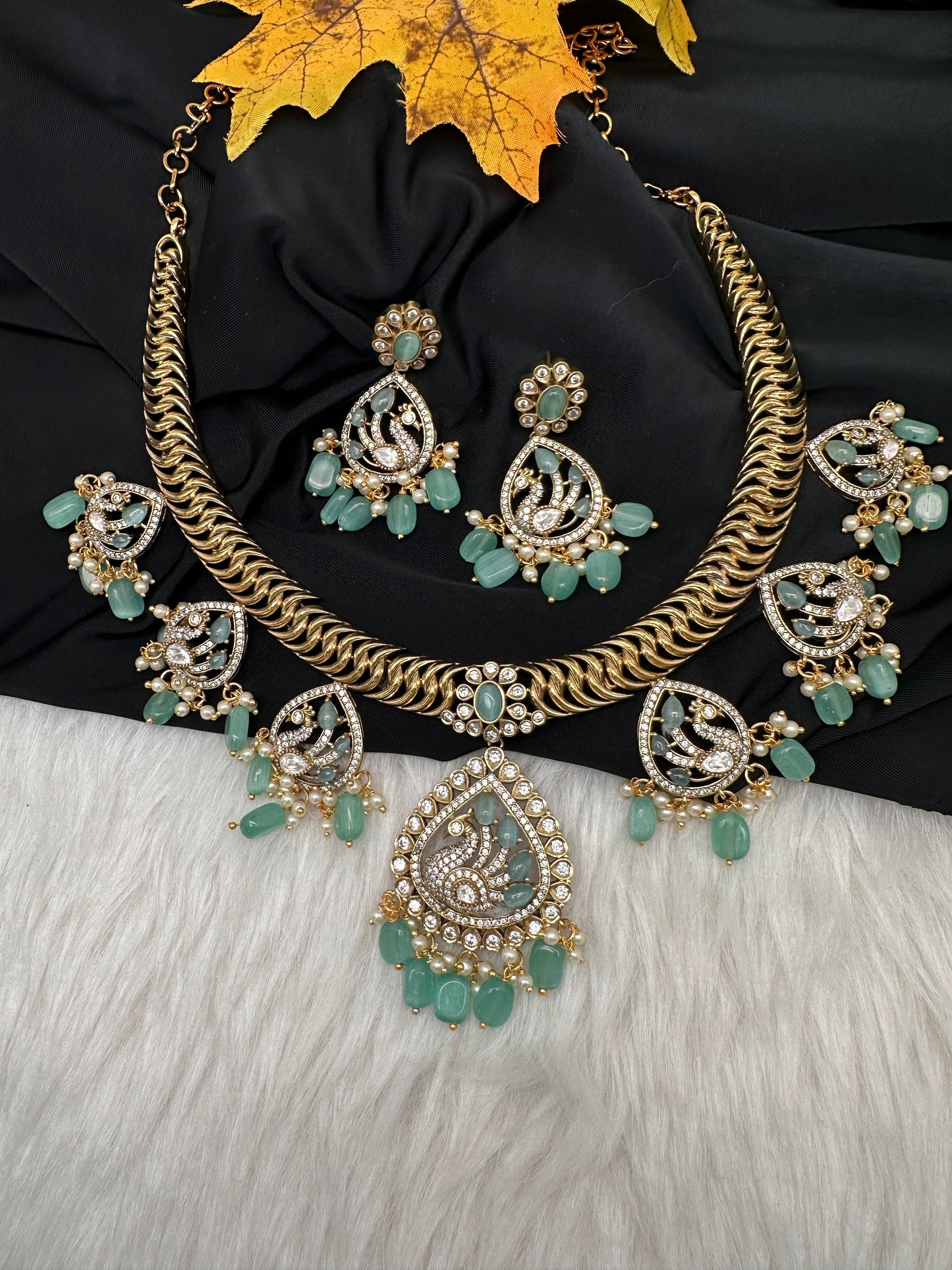 CZ Moissanite Peacock Mehendi Finish Jalebi Color Stone Necklace - MintGreen