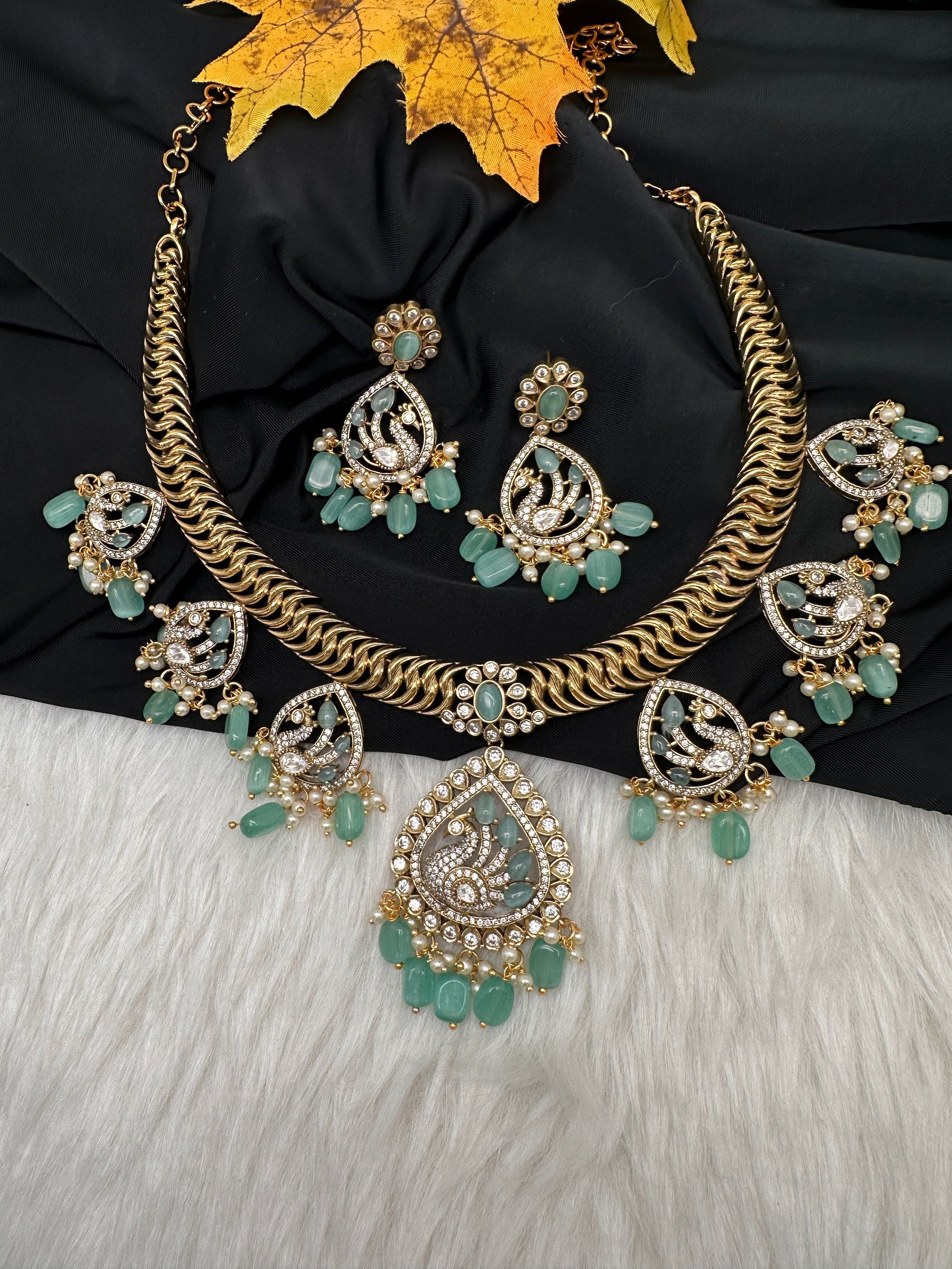 CZ Moissanite Peacock Mehendi Finish Jalebi Color Stone Necklace - MintGreen