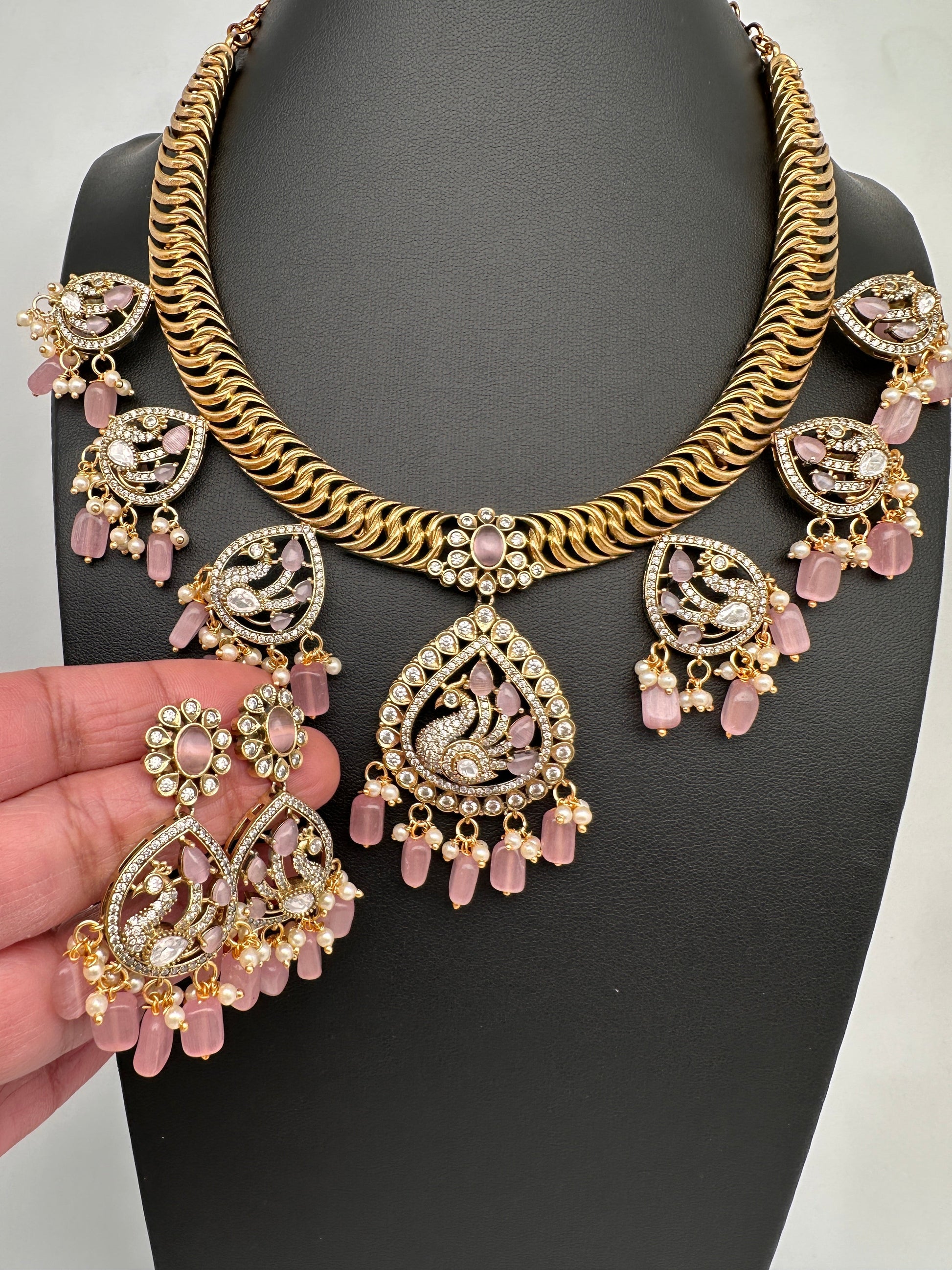 CZ Moissanite Peacock Mehendi Finish Jalebi Color Stone Necklace - Pink