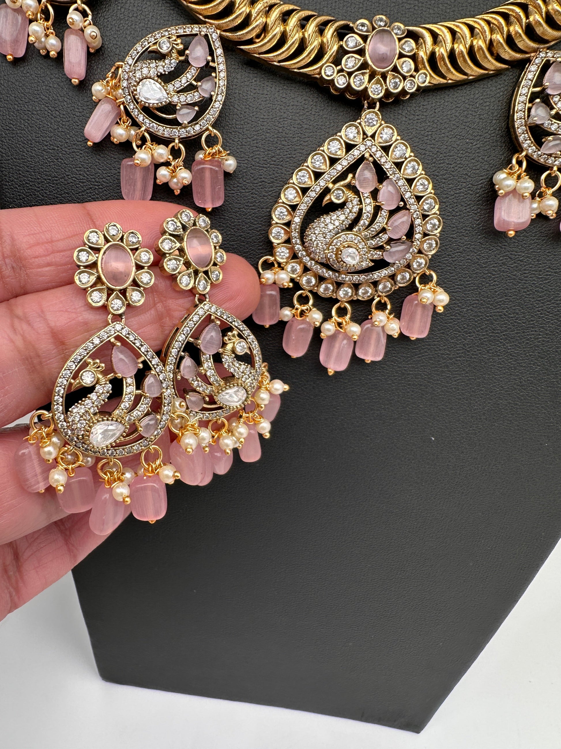 CZ Moissanite Peacock Mehendi Finish Jalebi Color Stone Necklace - Pink