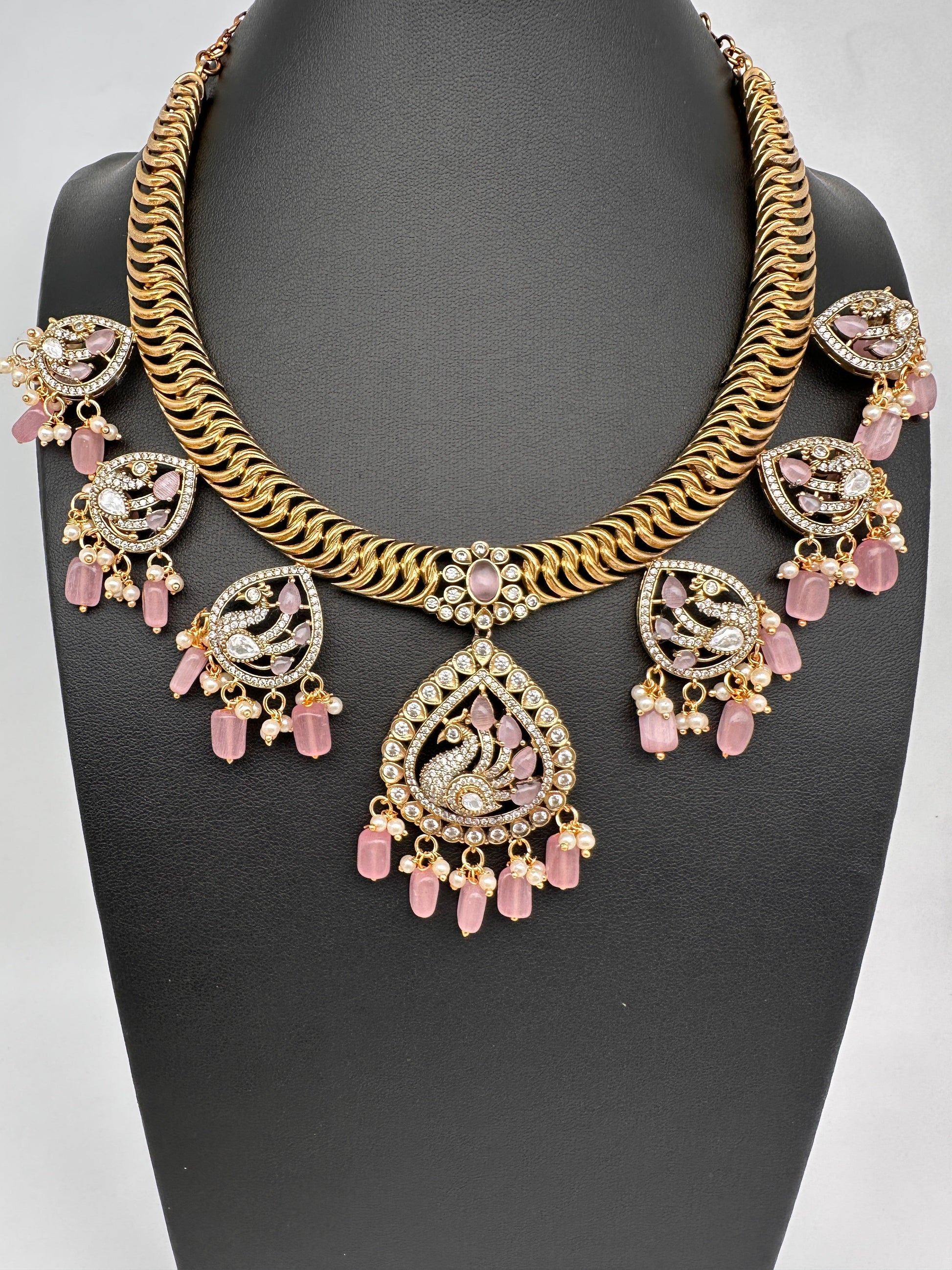 CZ Moissanite Peacock Mehendi Finish Jalebi Color Stone Necklace - Pink