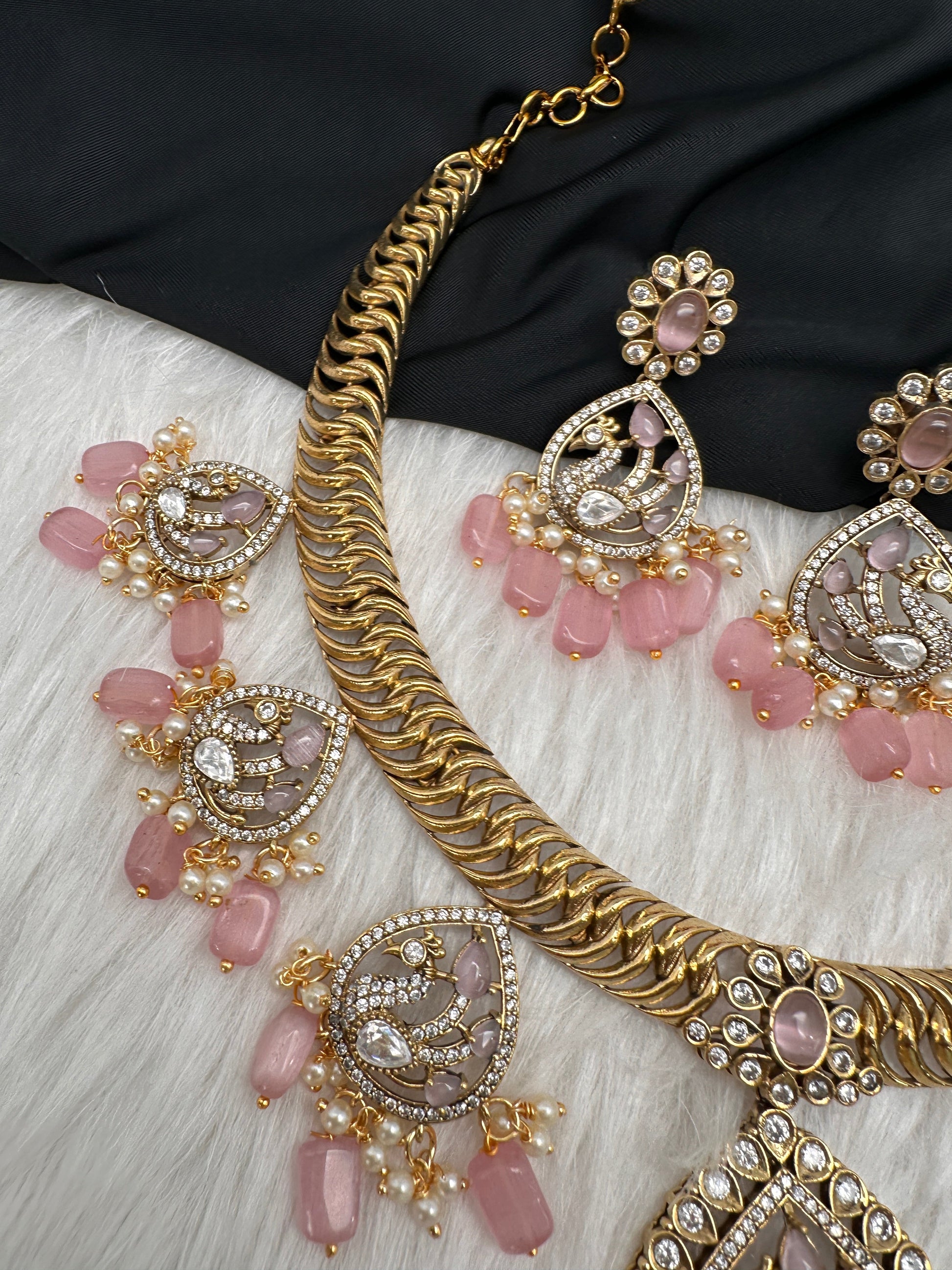 CZ Moissanite Peacock Mehendi Finish Jalebi Color Stone Necklace - Pink
