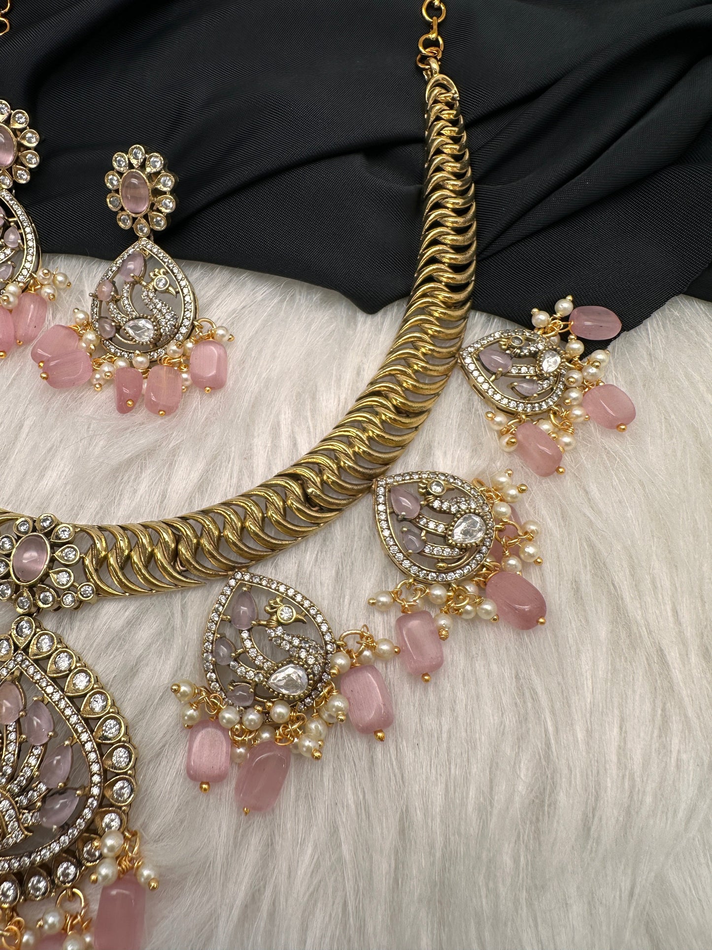 CZ Moissanite Peacock Mehendi Finish Jalebi Color Stone Necklace - Pink