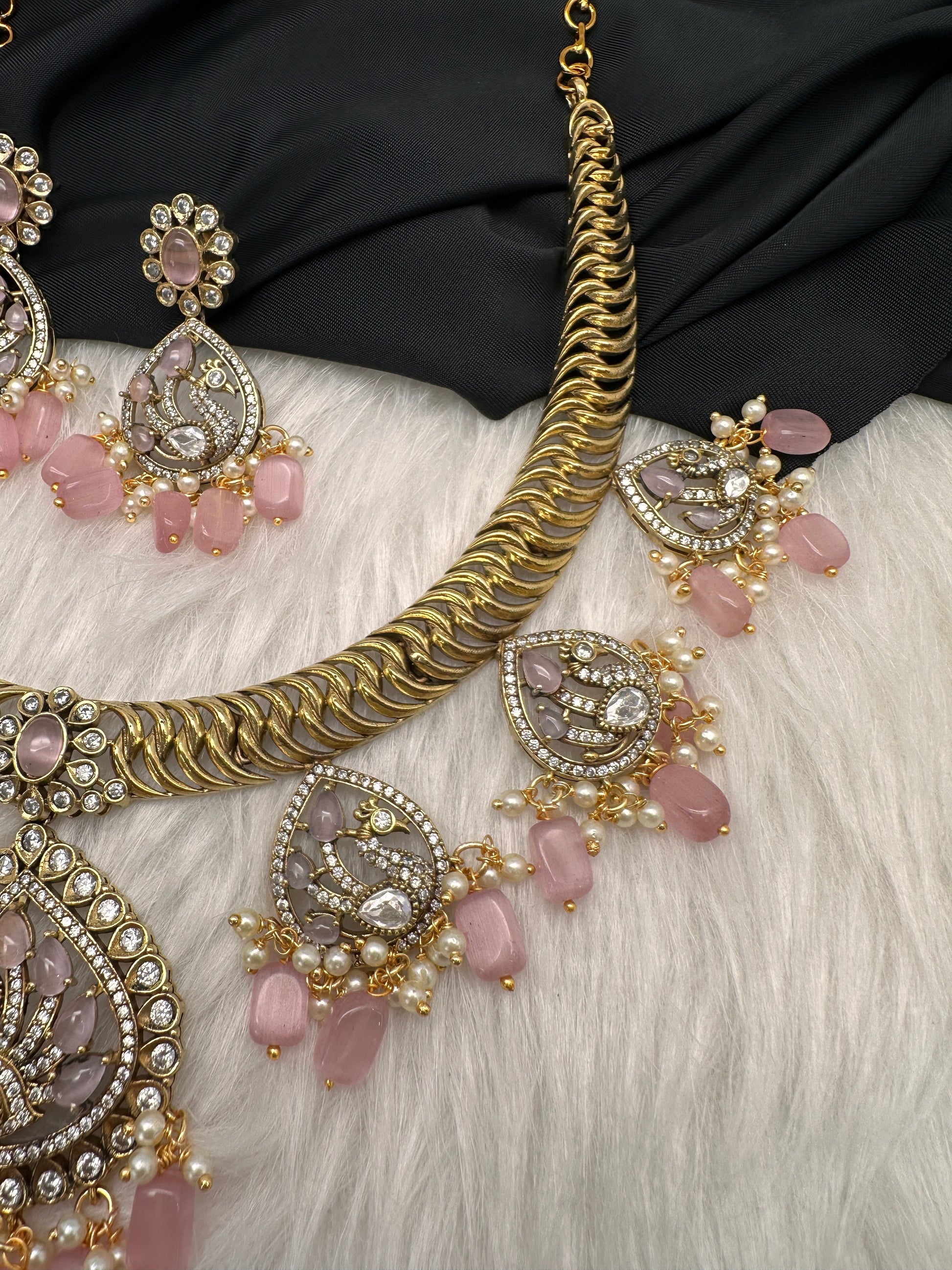 CZ Moissanite Peacock Mehendi Finish Jalebi Color Stone Necklace - Pink
