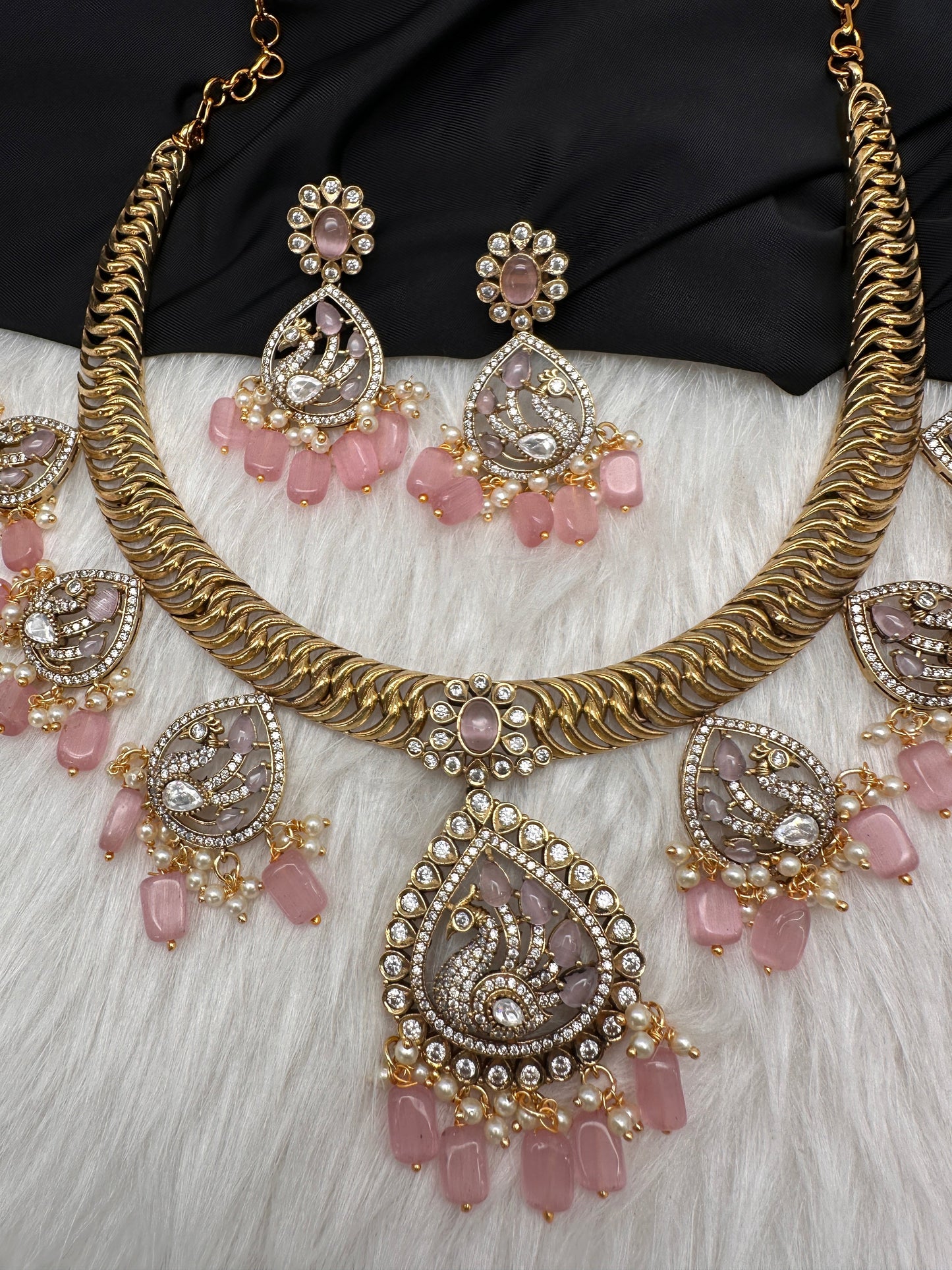 CZ Moissanite Peacock Mehendi Finish Jalebi Color Stone Necklace - Pink