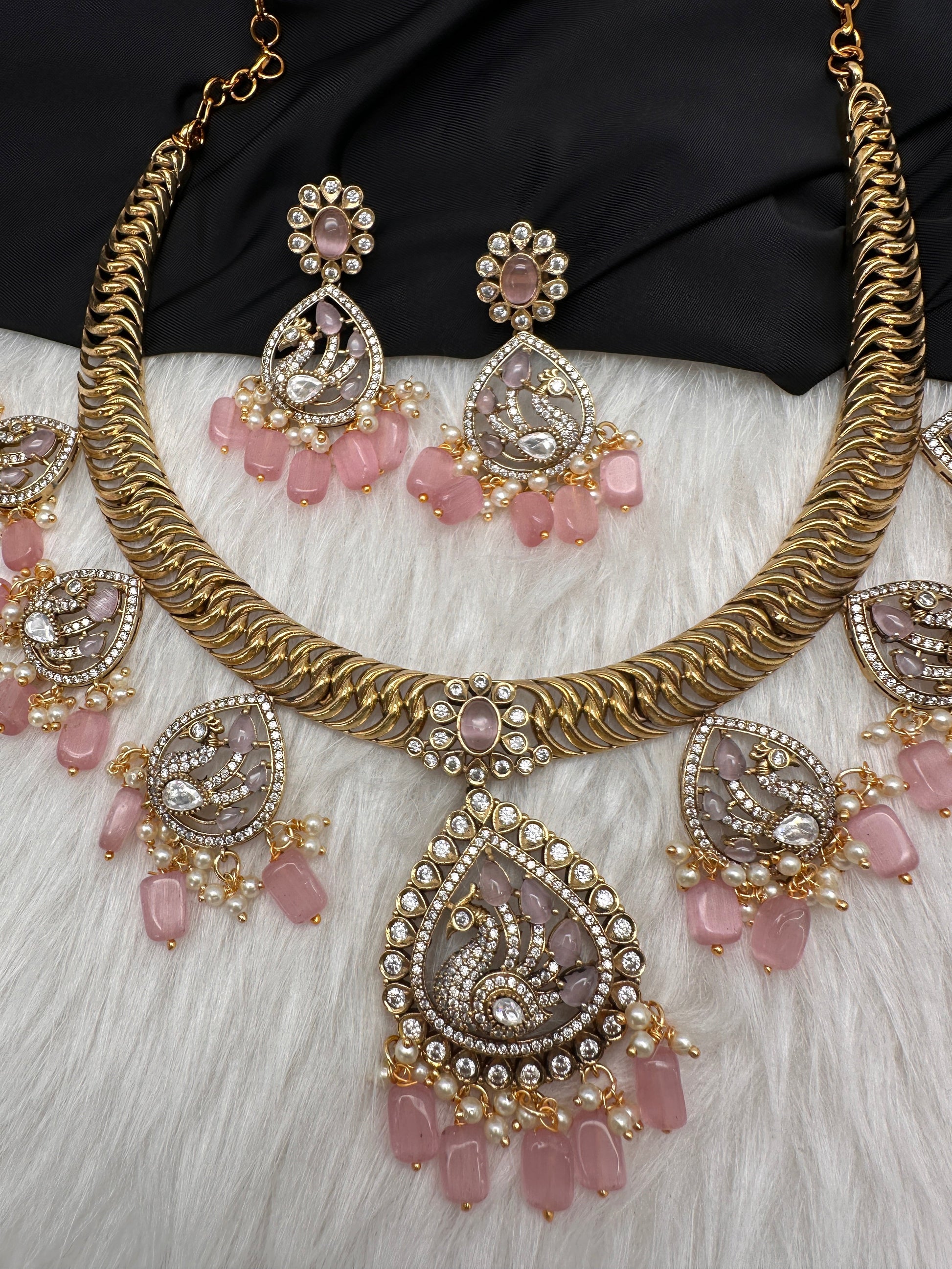 CZ Moissanite Peacock Mehendi Finish Jalebi Color Stone Necklace - Pink