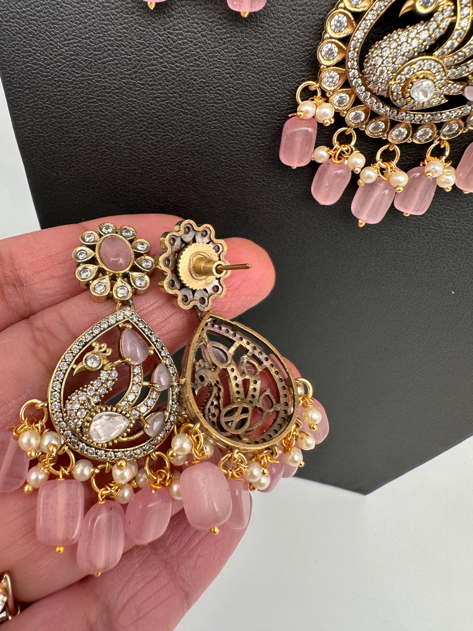 CZ Moissanite Peacock Mehendi Finish Jalebi Color Stone Necklace - Pink