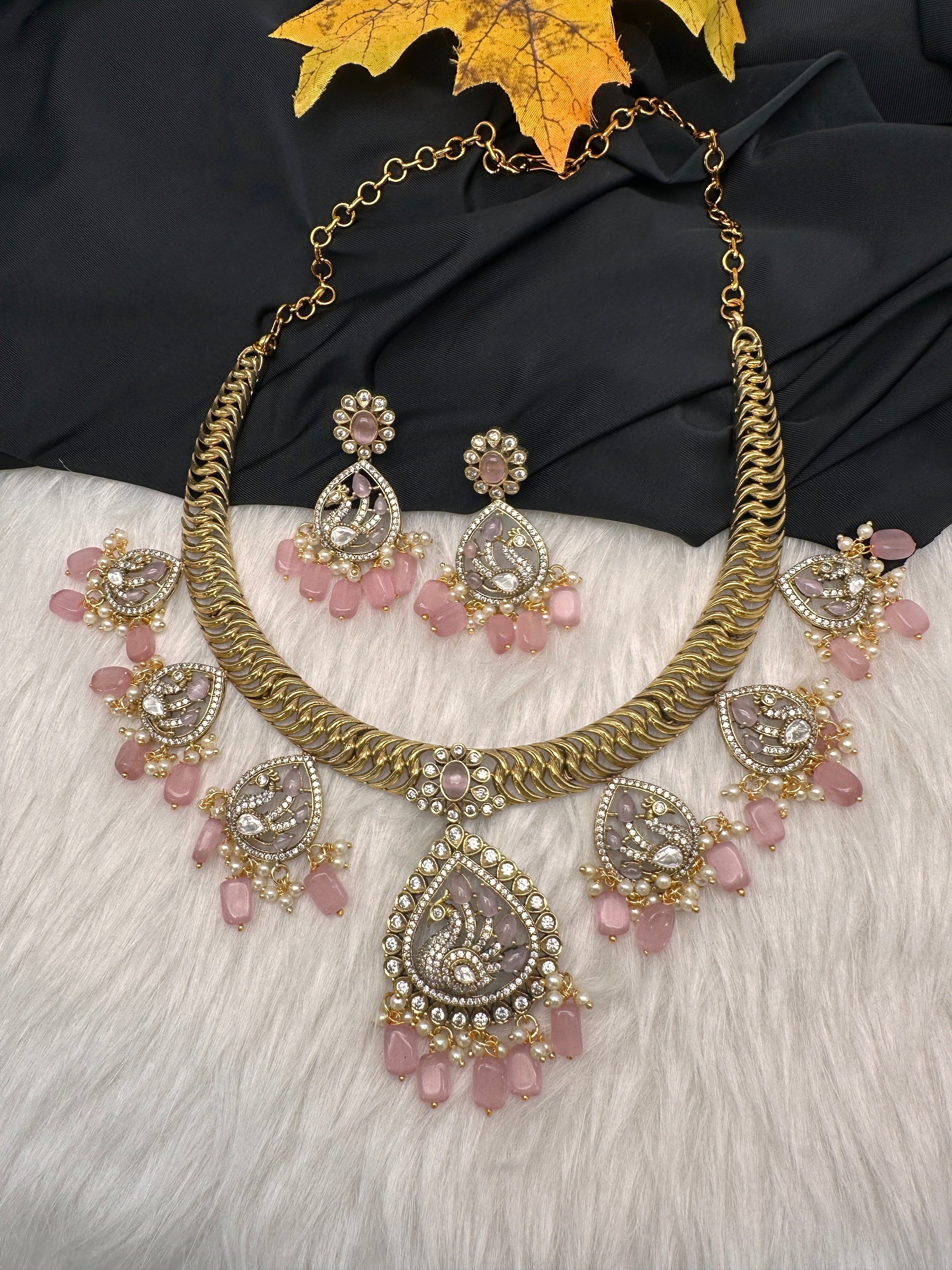 CZ Moissanite Peacock Mehendi Finish Jalebi Color Stone Necklace - Pink