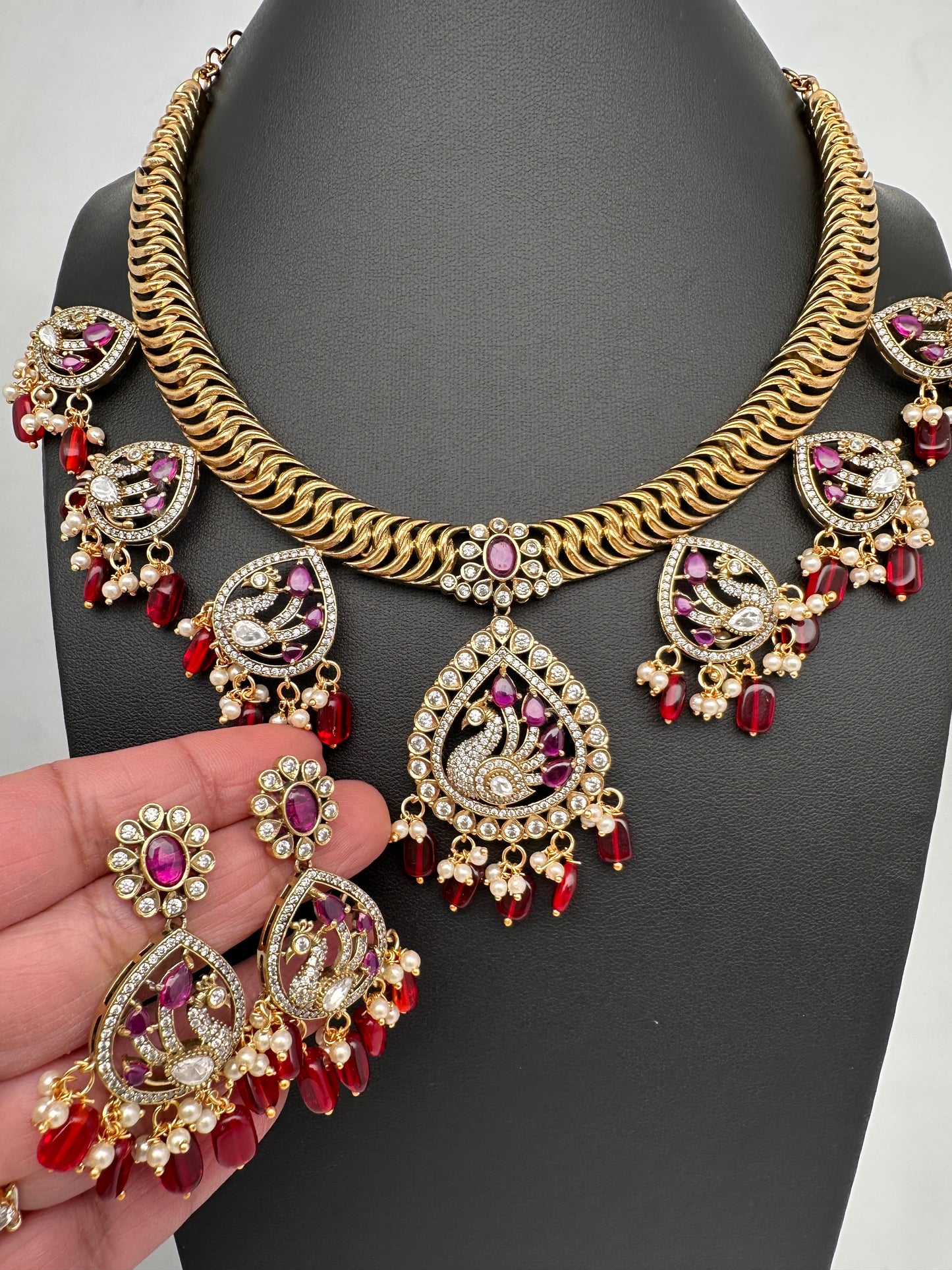 CZ Moissanite Peacock Mehendi Finish Jalebi Color Stone Necklace - Red