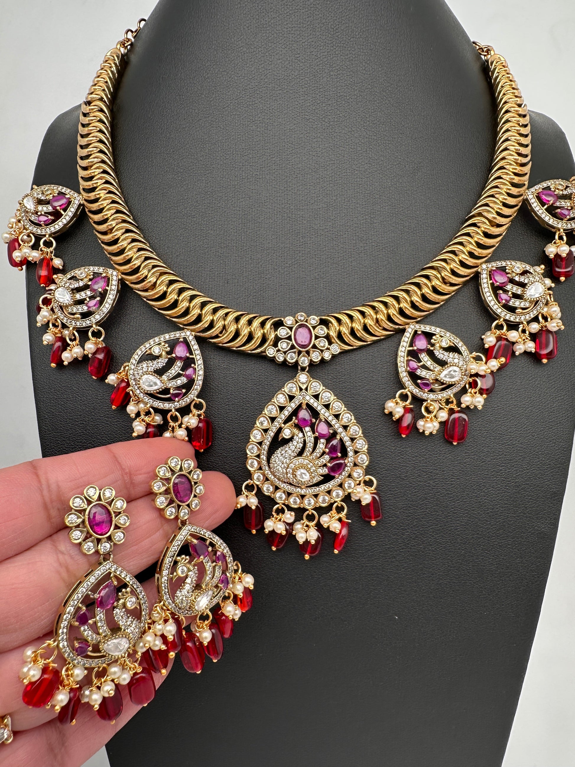 CZ Moissanite Peacock Mehendi Finish Jalebi Color Stone Necklace - Red