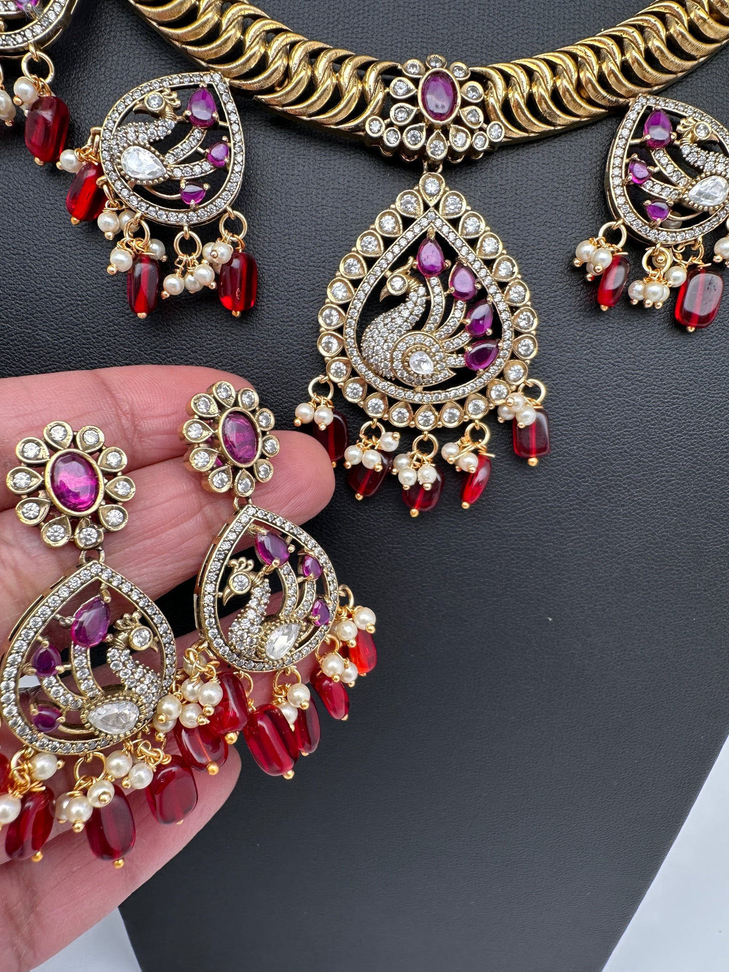 CZ Moissanite Peacock Mehendi Finish Jalebi Color Stone Necklace - Red