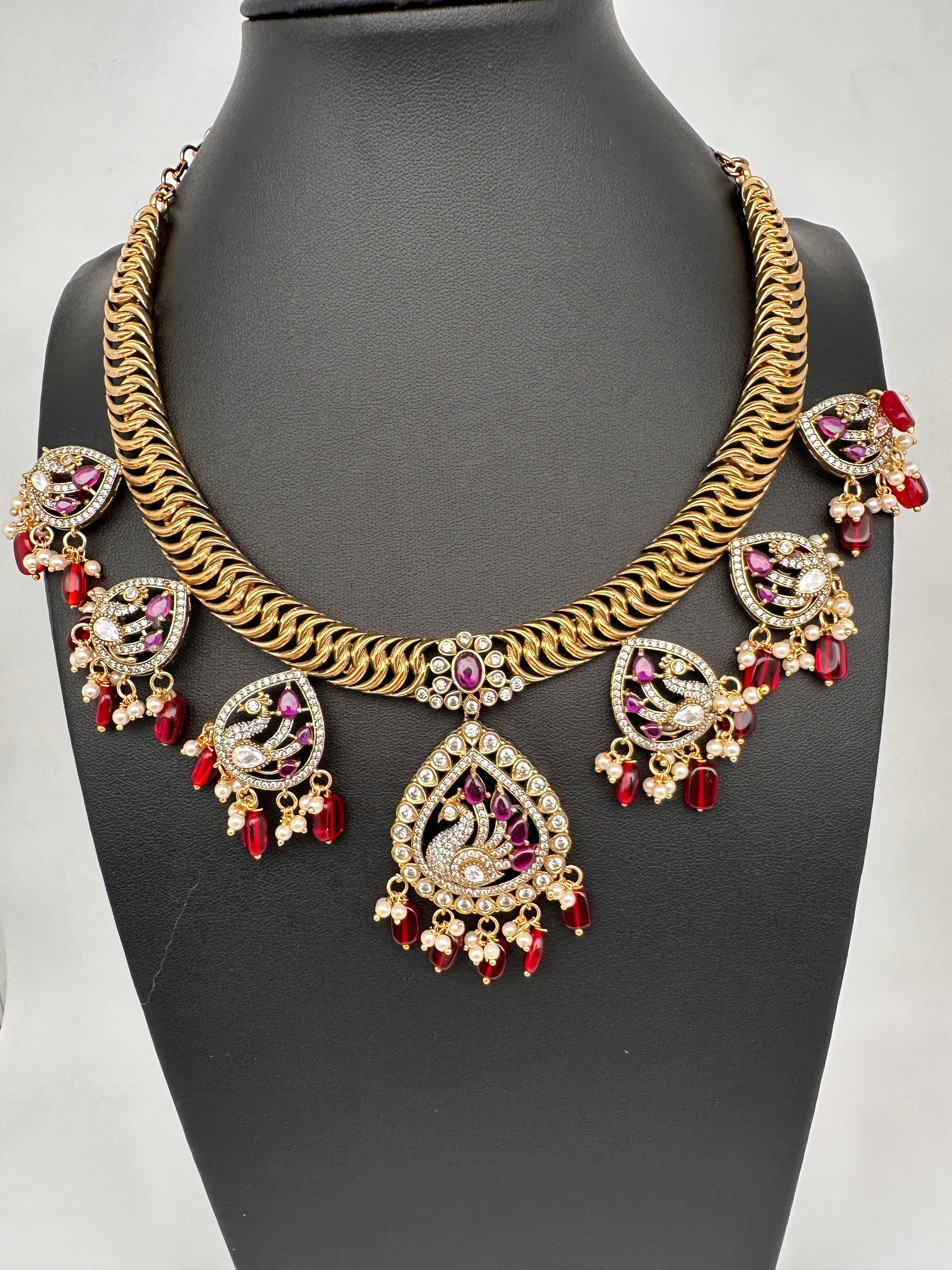 CZ Moissanite Peacock Mehendi Finish Jalebi Color Stone Necklace - Red