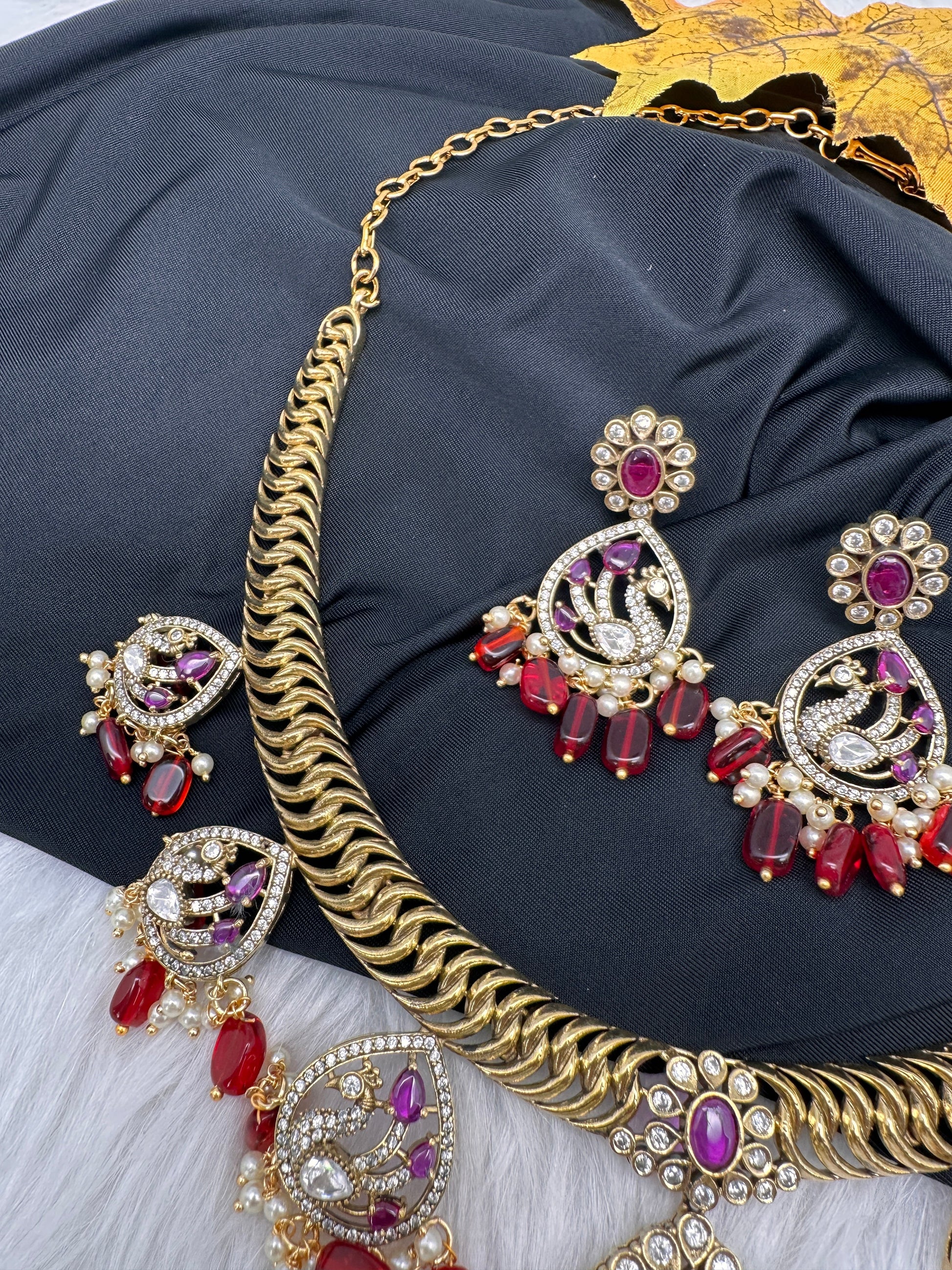 CZ Moissanite Peacock Mehendi Finish Jalebi Color Stone Necklace - Red