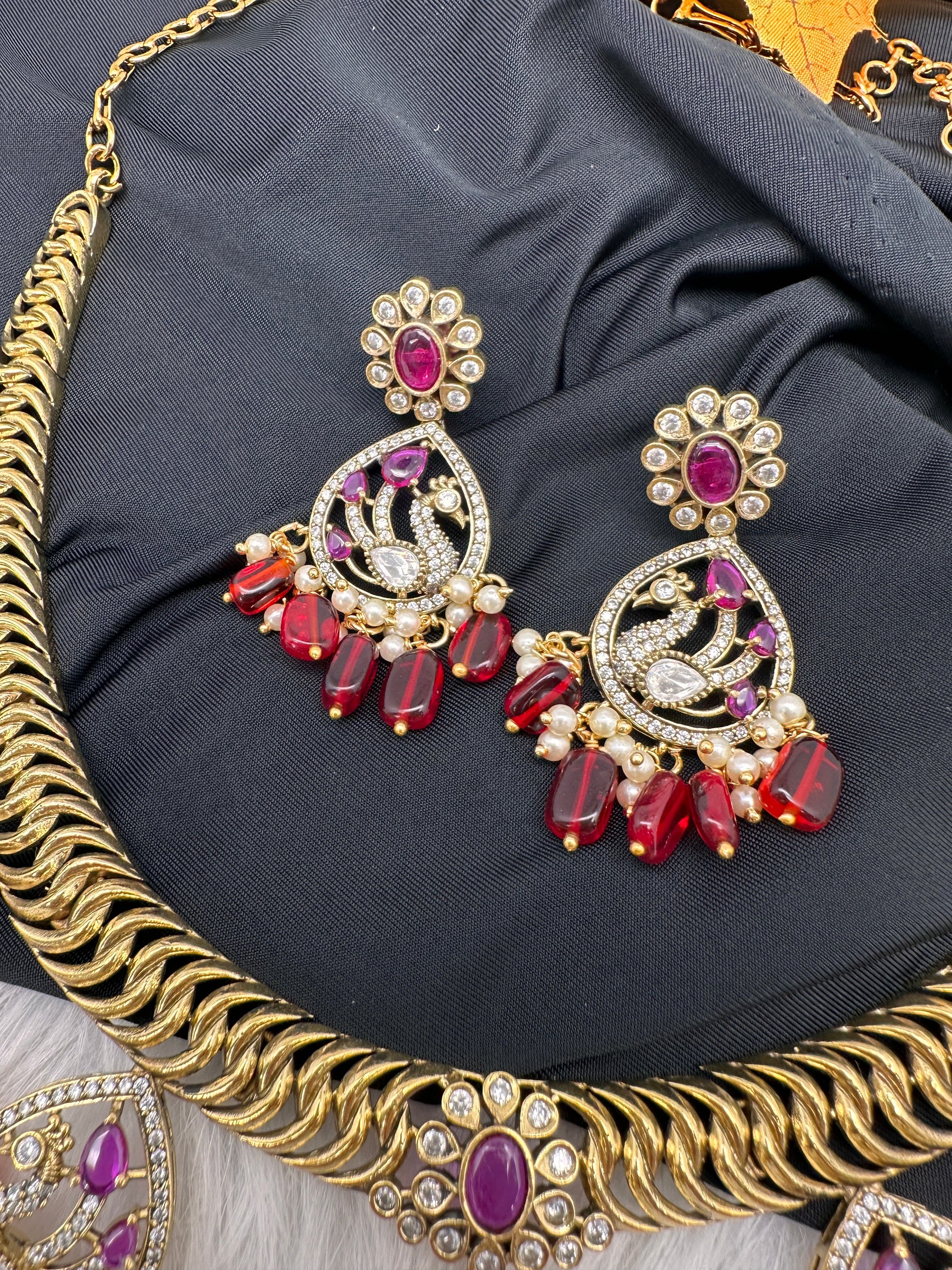CZ Moissanite Peacock Mehendi Finish Jalebi Color Stone Necklace - Red
