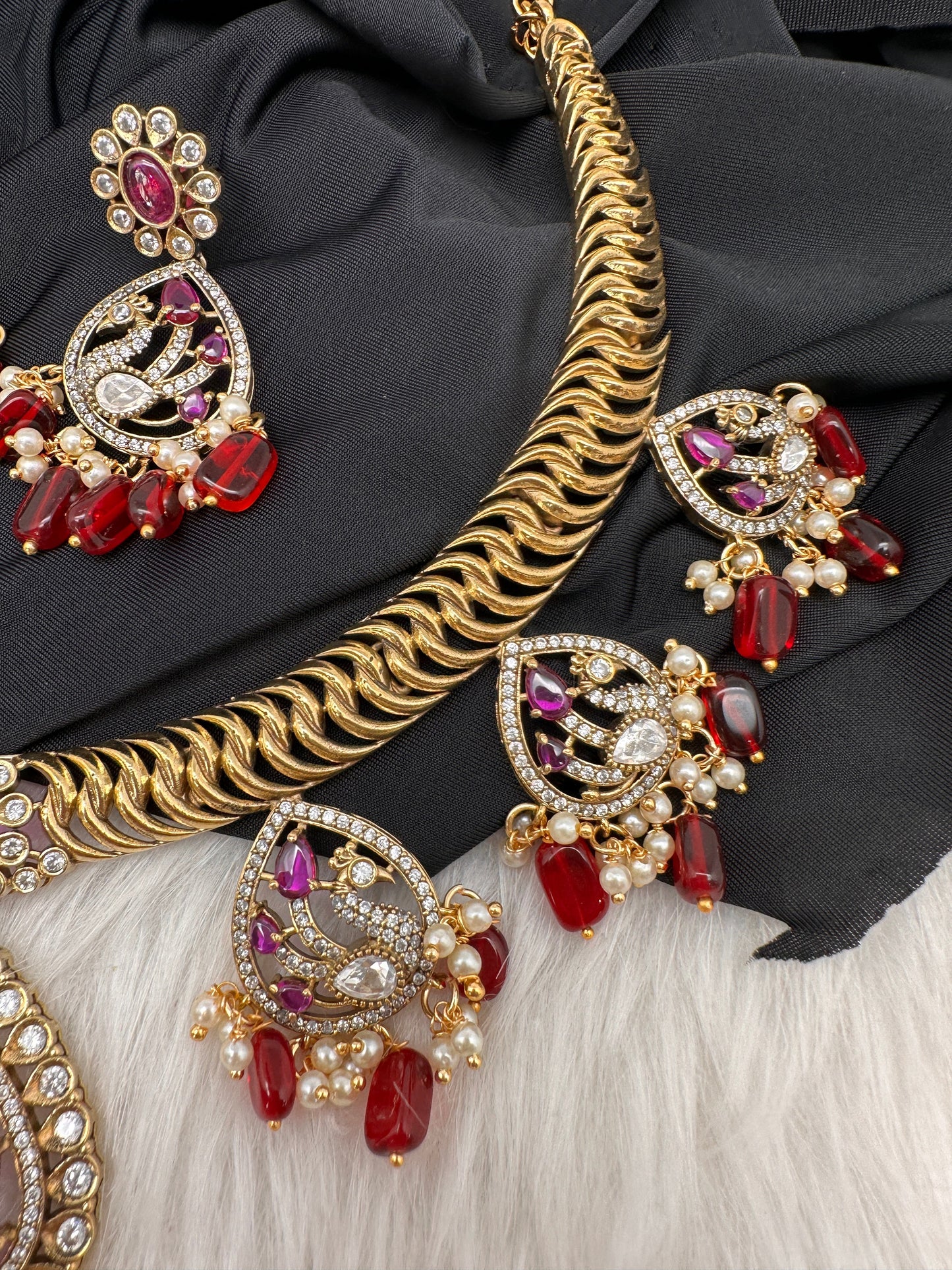 CZ Moissanite Peacock Mehendi Finish Jalebi Color Stone Necklace - Red