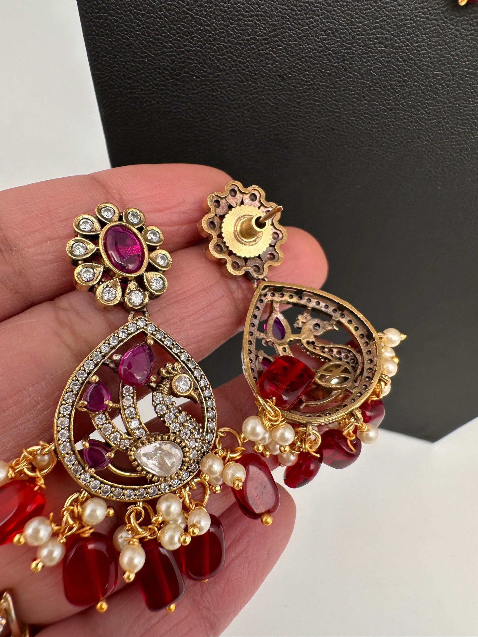 CZ Moissanite Peacock Mehendi Finish Jalebi Color Stone Necklace - Red