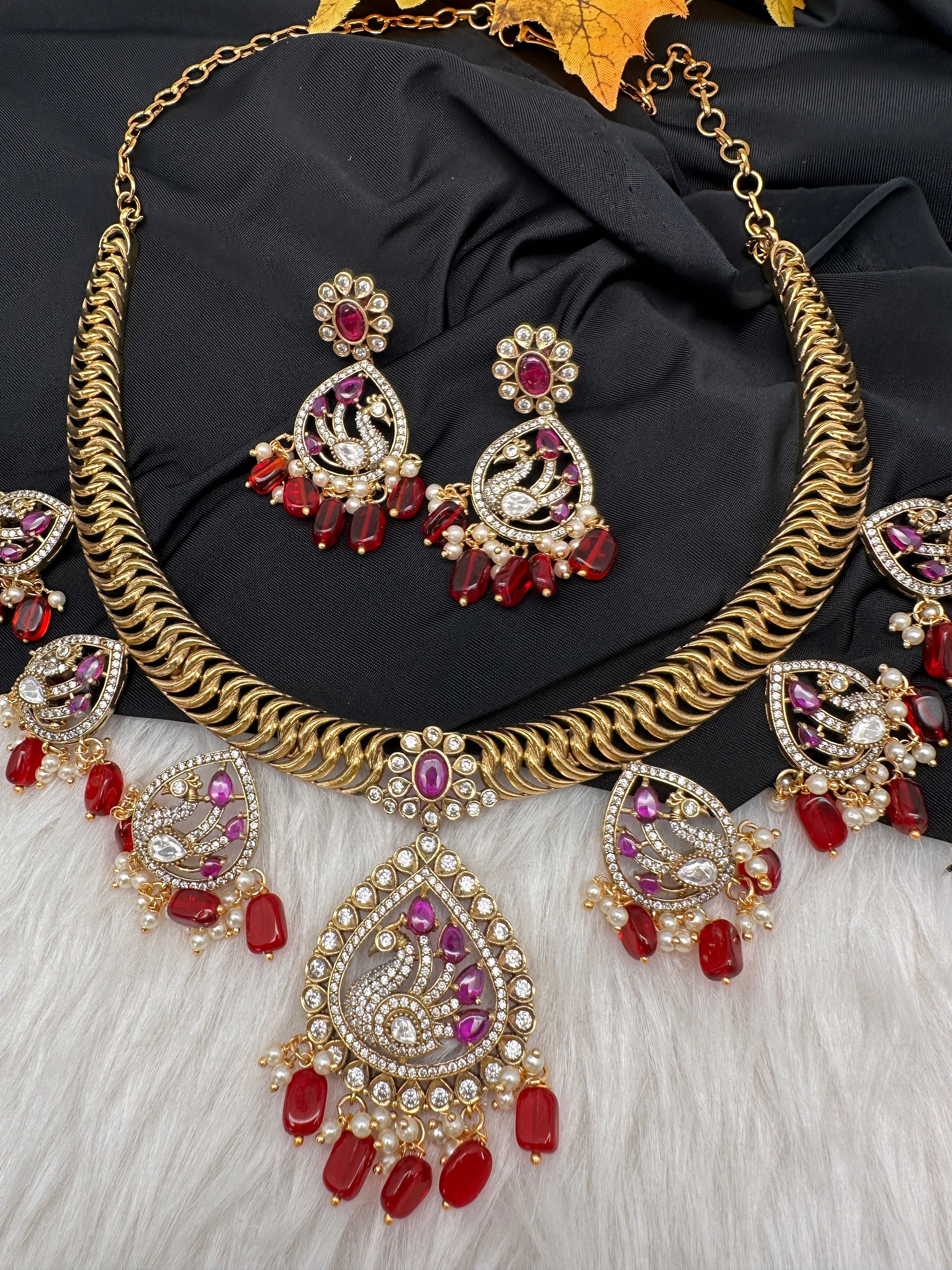 CZ Moissanite Peacock Mehendi Finish Jalebi Color Stone Necklace - Red