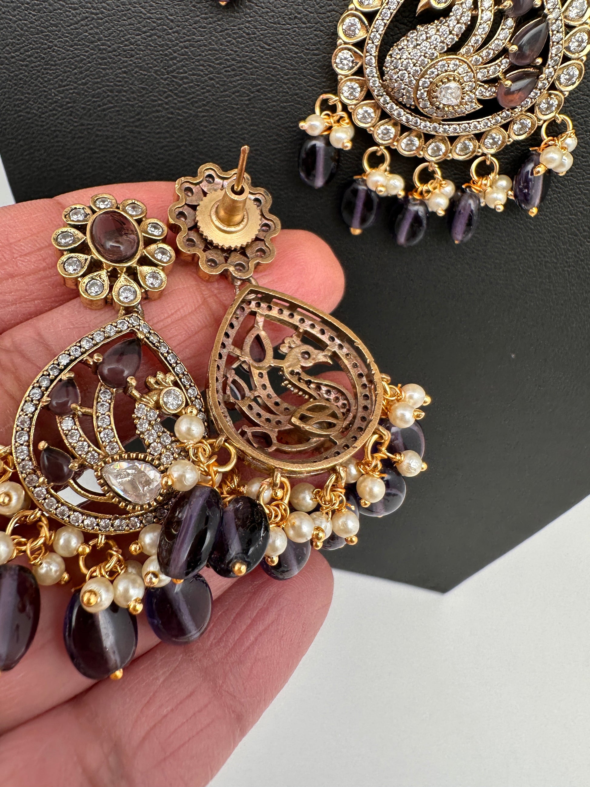 CZ Moissanite Peacock Mehendi Finish Jalebi Color Stone Necklace - Purple