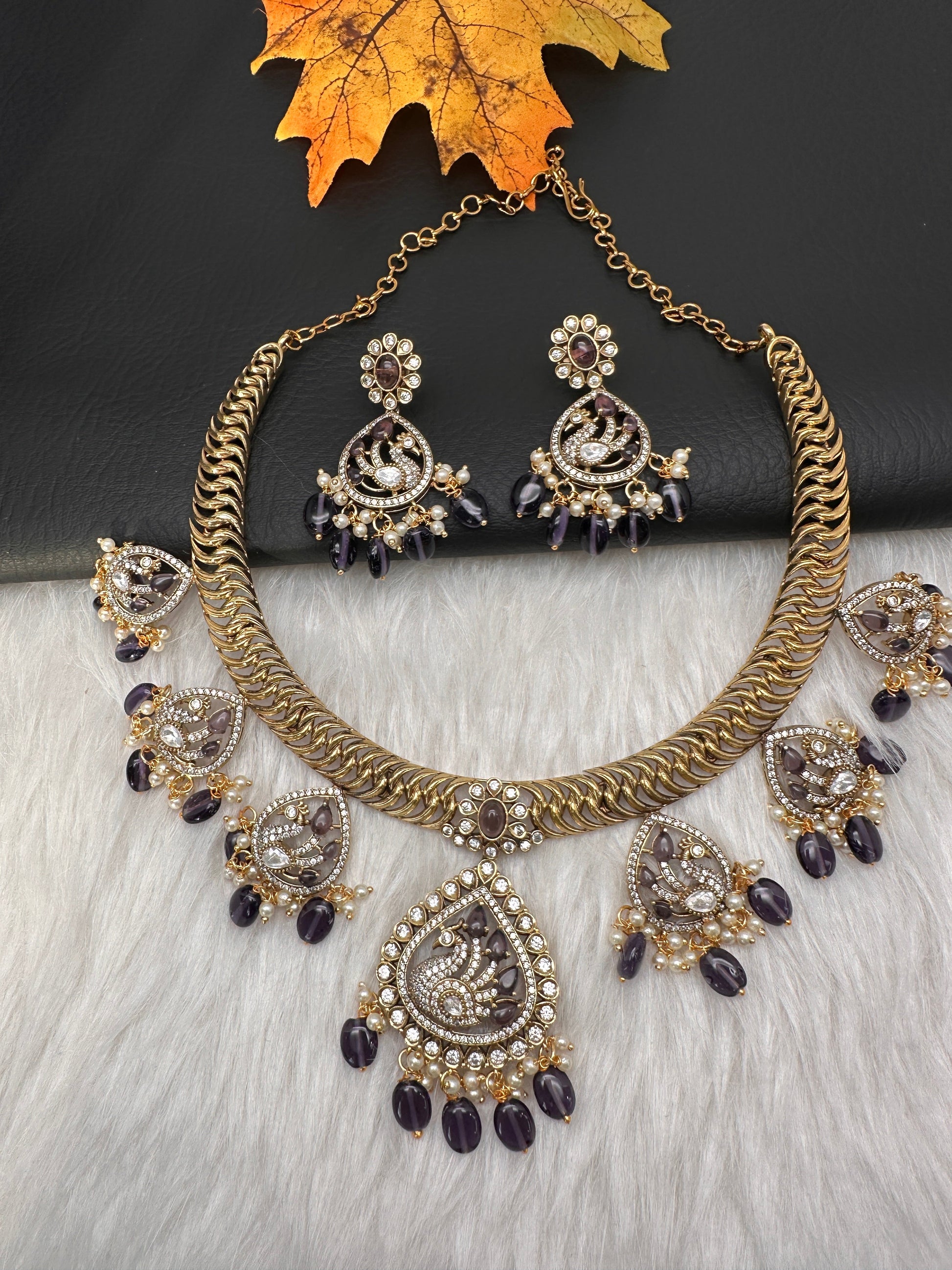 CZ Moissanite Peacock Mehendi Finish Jalebi Color Stone Necklace - Purple