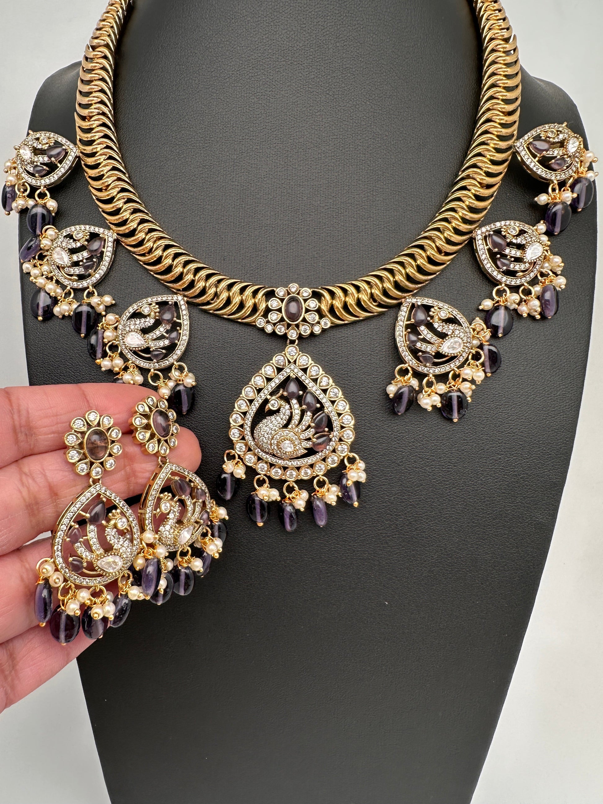 CZ Moissanite Peacock Mehendi Finish Jalebi Color Stone Necklace - Purple