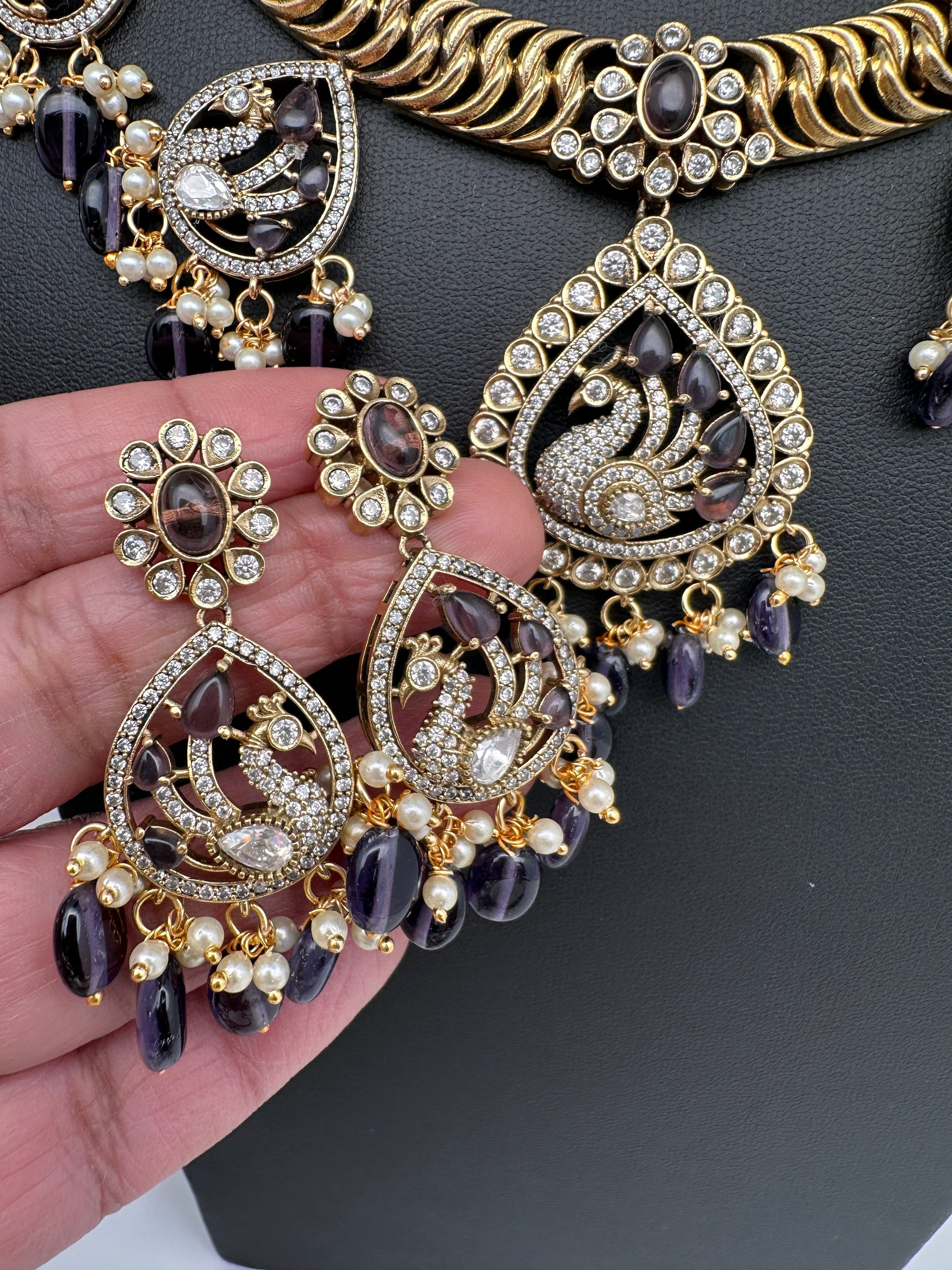 CZ Moissanite Peacock Mehendi Finish Jalebi Color Stone Necklace - Purple