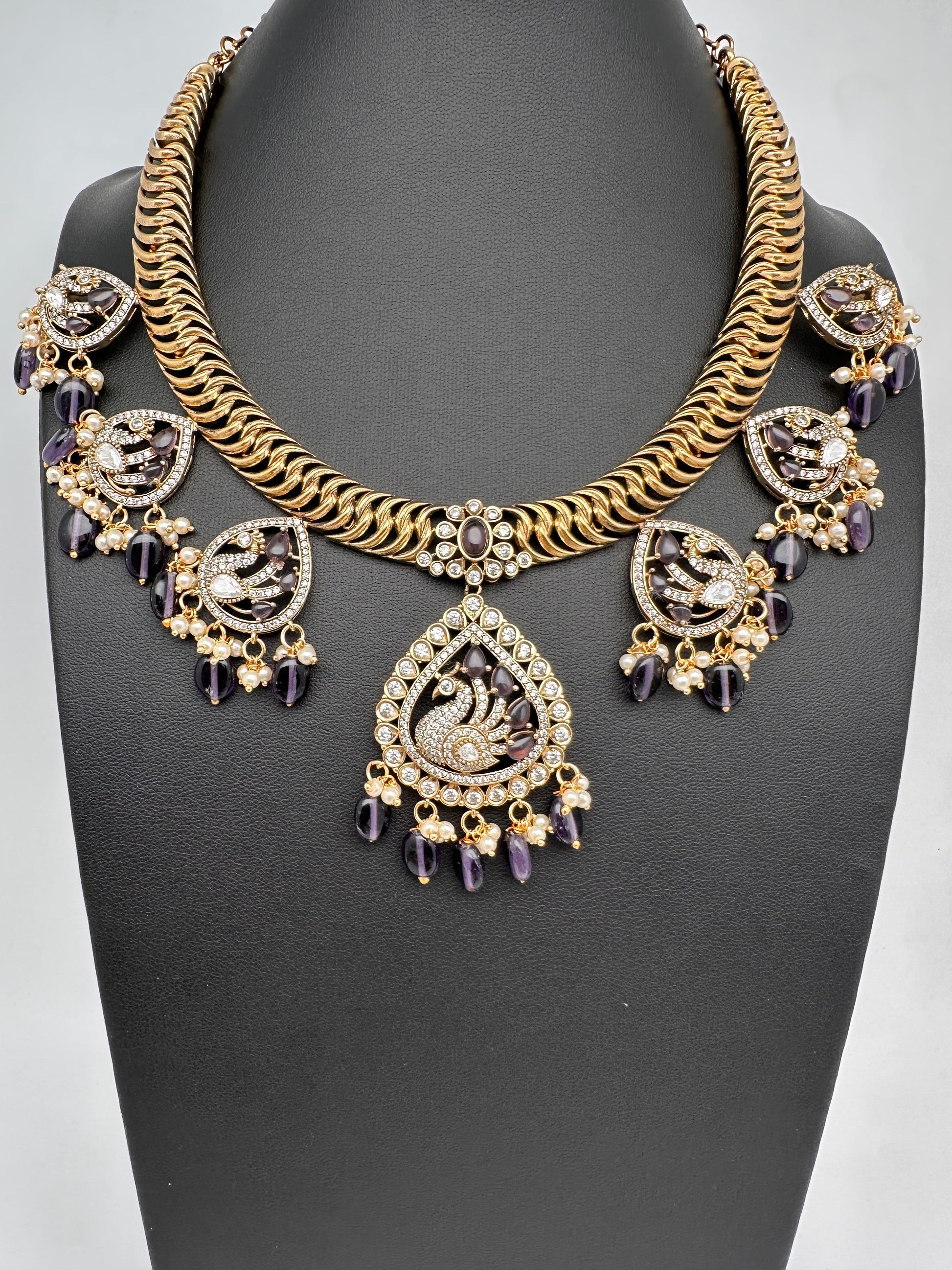 CZ Moissanite Peacock Mehendi Finish Jalebi Color Stone Necklace - Purple