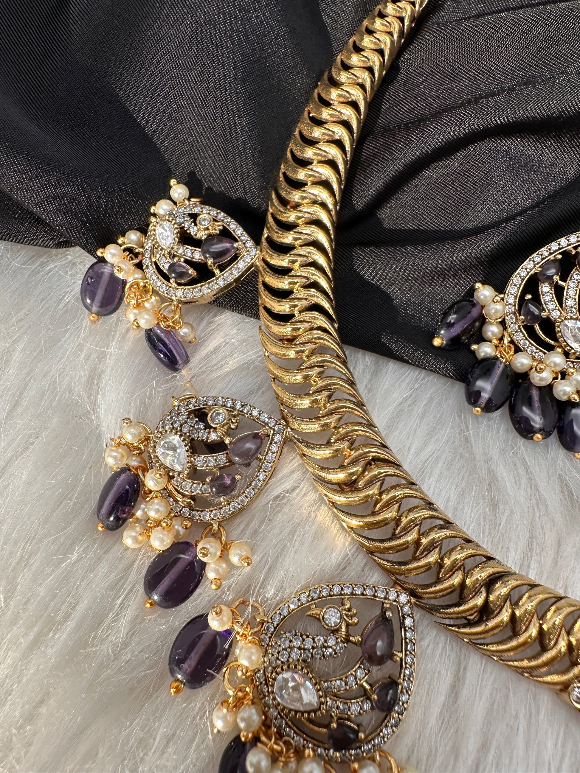 CZ Moissanite Peacock Mehendi Finish Jalebi Color Stone Necklace - Purple