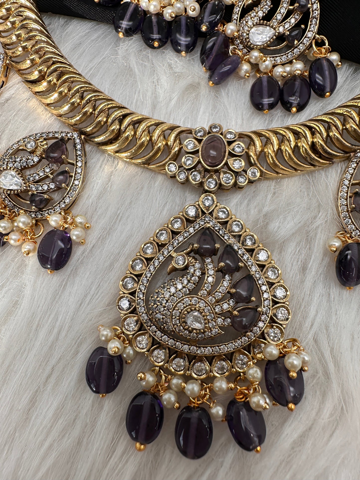 CZ Moissanite Peacock Mehendi Finish Jalebi Color Stone Necklace - Purple