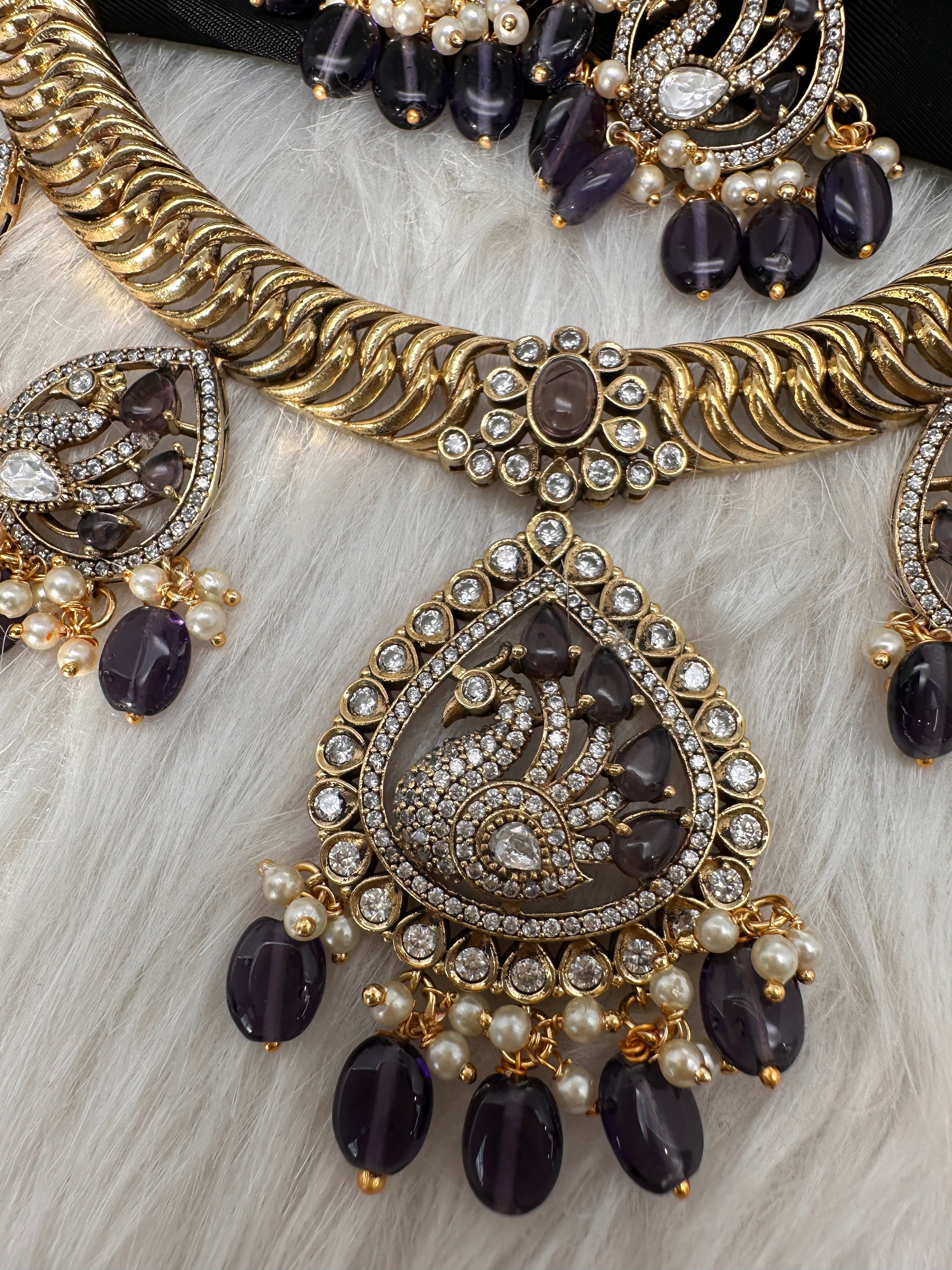 CZ Moissanite Peacock Mehendi Finish Jalebi Color Stone Necklace - Purple