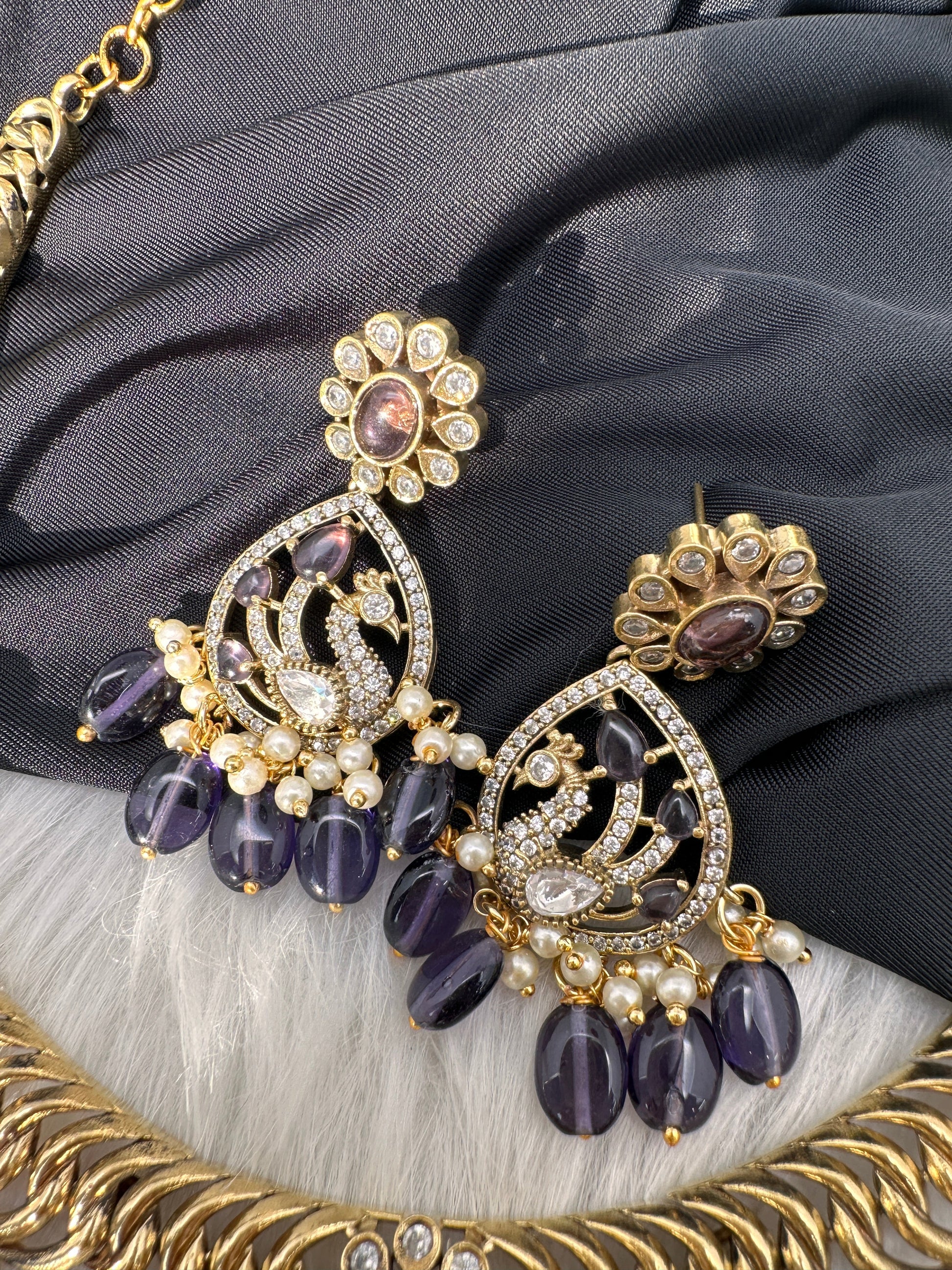 CZ Moissanite Peacock Mehendi Finish Jalebi Color Stone Necklace - Purple