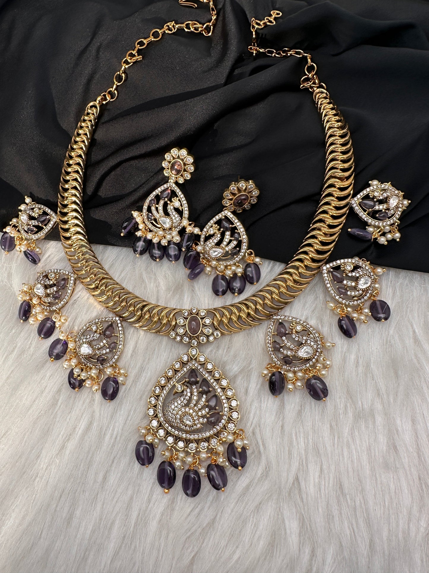 CZ Moissanite Peacock Mehendi Finish Jalebi Color Stone Necklace - Purple