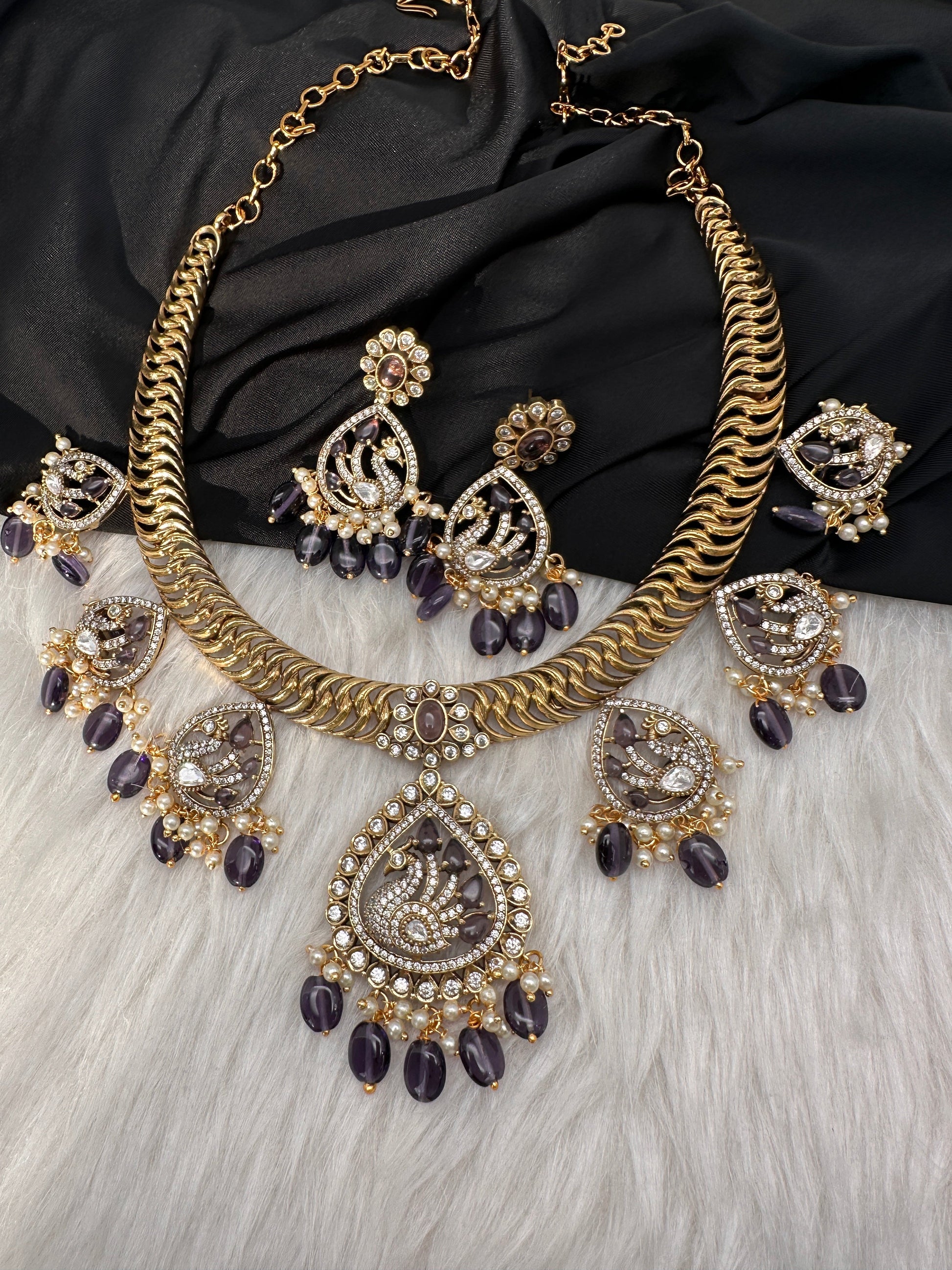 CZ Moissanite Peacock Mehendi Finish Jalebi Color Stone Necklace - Purple