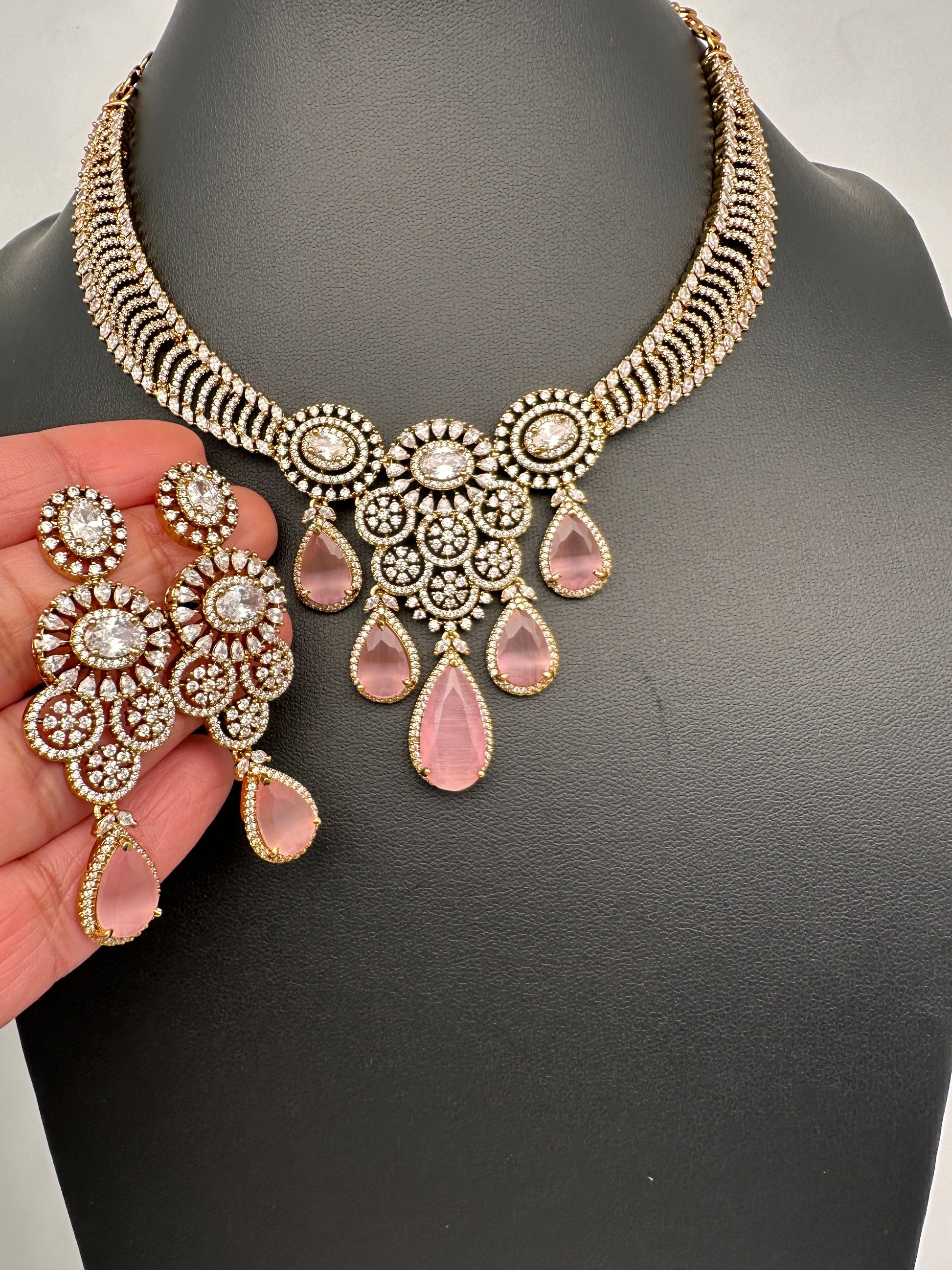 CZ Moissanite Color Stone Neckline Necklace - Pink