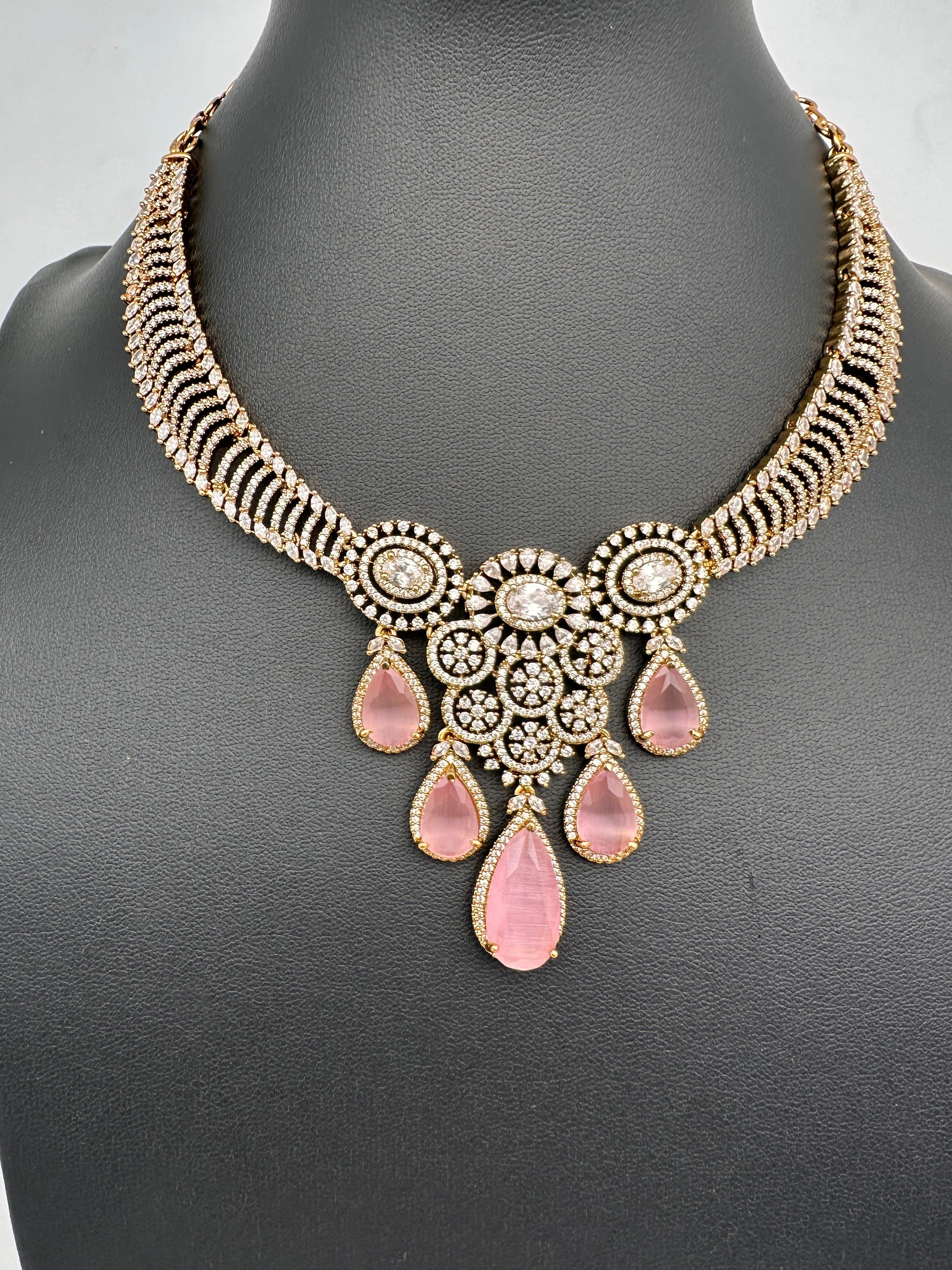 CZ Moissanite Color Stone Neckline Necklace - Pink