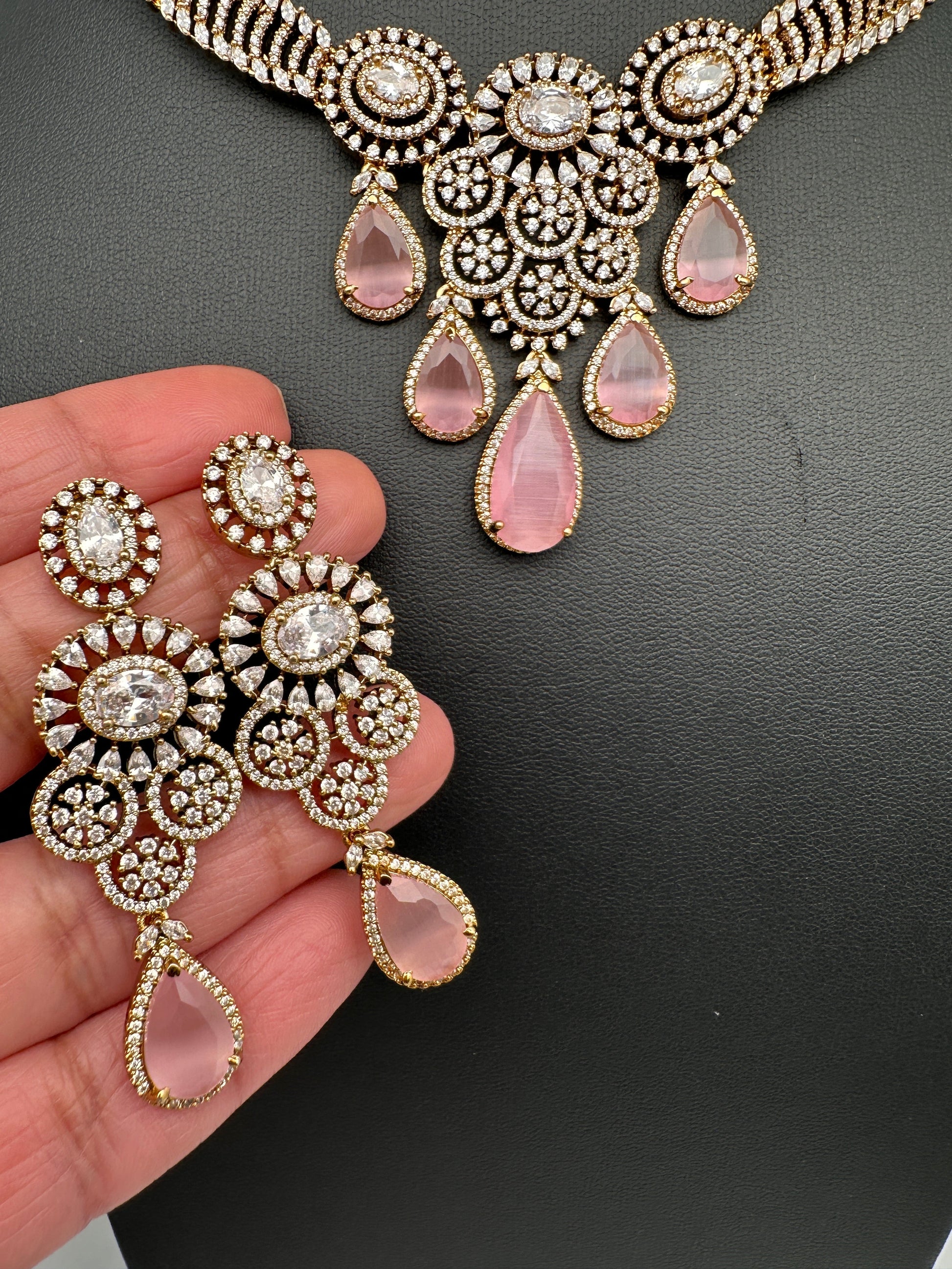CZ Moissanite Color Stone Neckline Necklace - Pink