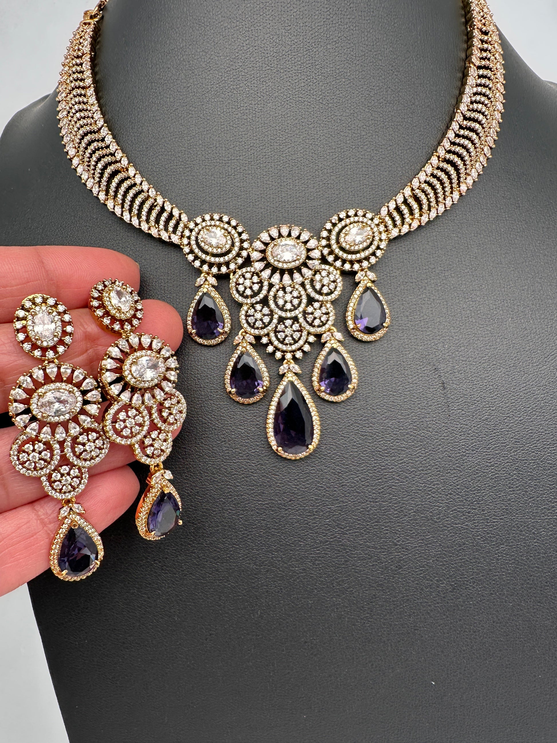 CZ Moissanite Color Stone Neckline Necklace - Purple