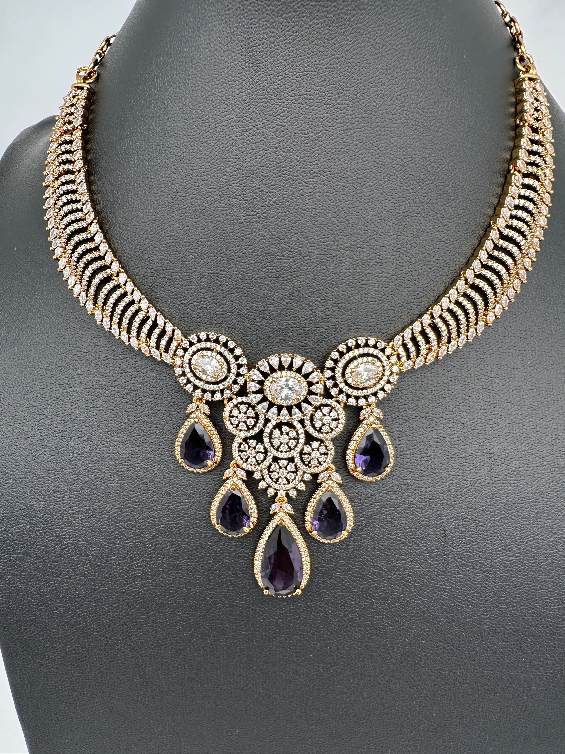 CZ Moissanite Color Stone Neckline Necklace - Purple